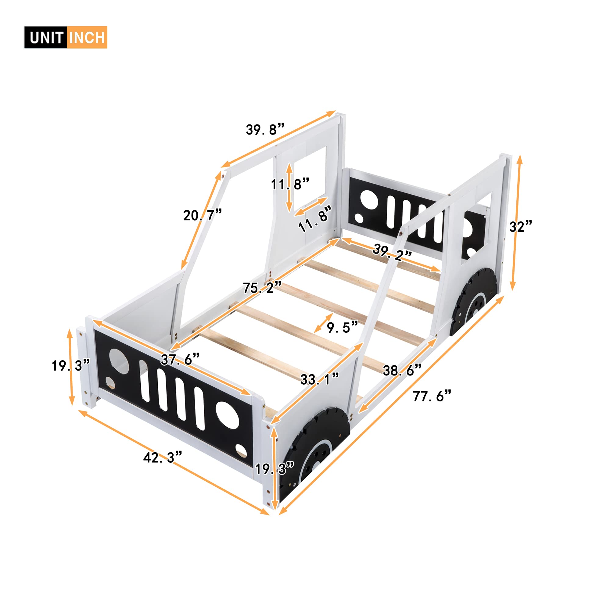 Twin Size Kids Car-Shaped Bed with Wheels - Wooden Montessori Floor Bed for Boys & Girls - Lightning McQueen Themed (White & Black) - Perfect for Toddler Rooms, Playrooms & Montessori Classrooms