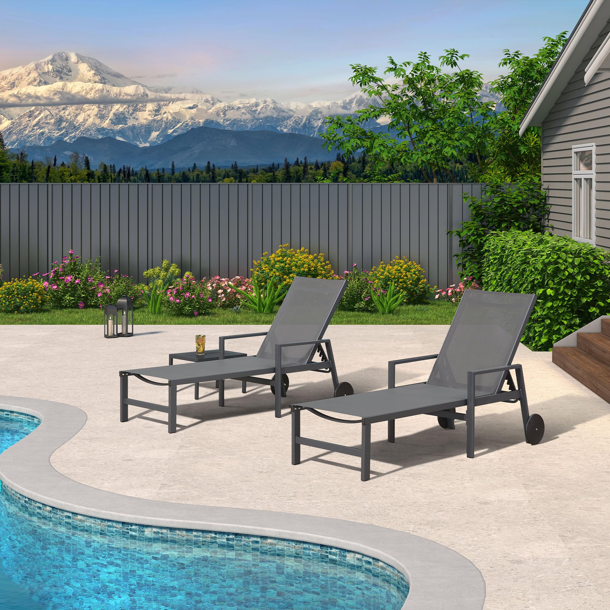 PURPLE LEAF 2-Piece Outdoor Chaise Lounge Set - Aluminum Patio Lounge Chairs with Wheels & Armrests - Grey Reclining Pool Chairs for Backyard, Beach & Patio Relaxation