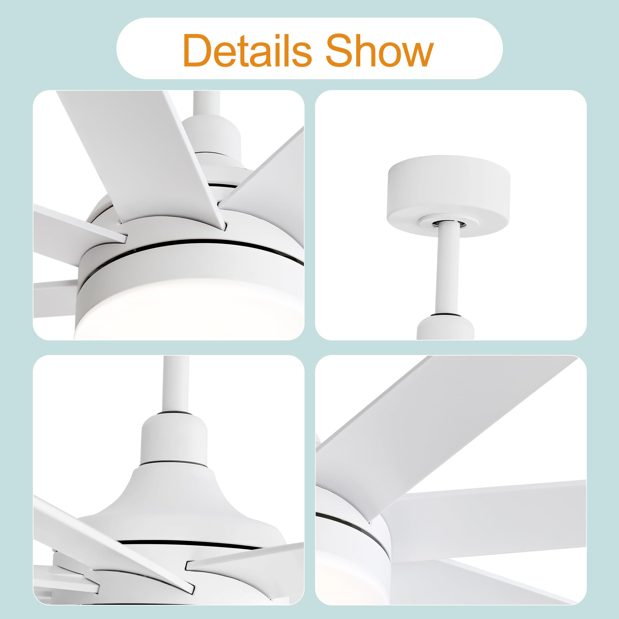 72 Inch Smart Ceiling Fan with LED Light and Remote Control - 8 Reversible Blades, Ultra Quiet DC Motor, 6 Speed Settings & Timer - Modern Industrial Style for Bedroom, Living Room, Office - Energy Efficient Cooling with Stylish Chandelier Lighting (White)