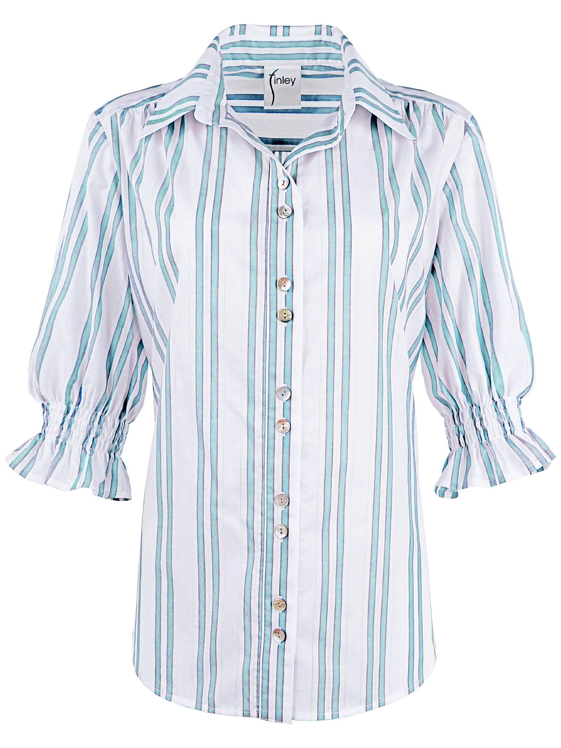 Sirena Short Puff Sleeve Blouse - Aqua Drop Needle Stripe Women's Top | Casual & Office Wear | Perfect for Spring & Summer Outfits