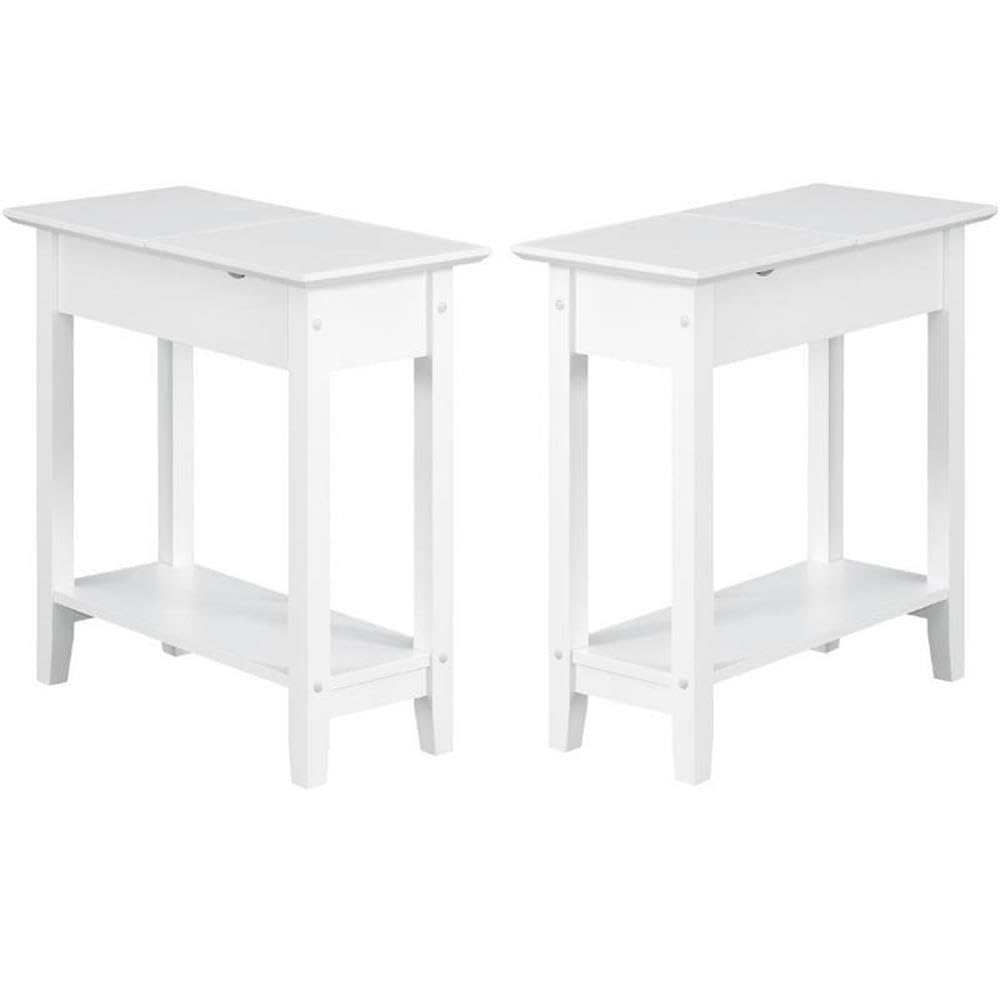 Premium White Wood Finish End Table with Built-in USB Charging Station - Set of 2 Nightstands for Living Room, Bedroom, or Office