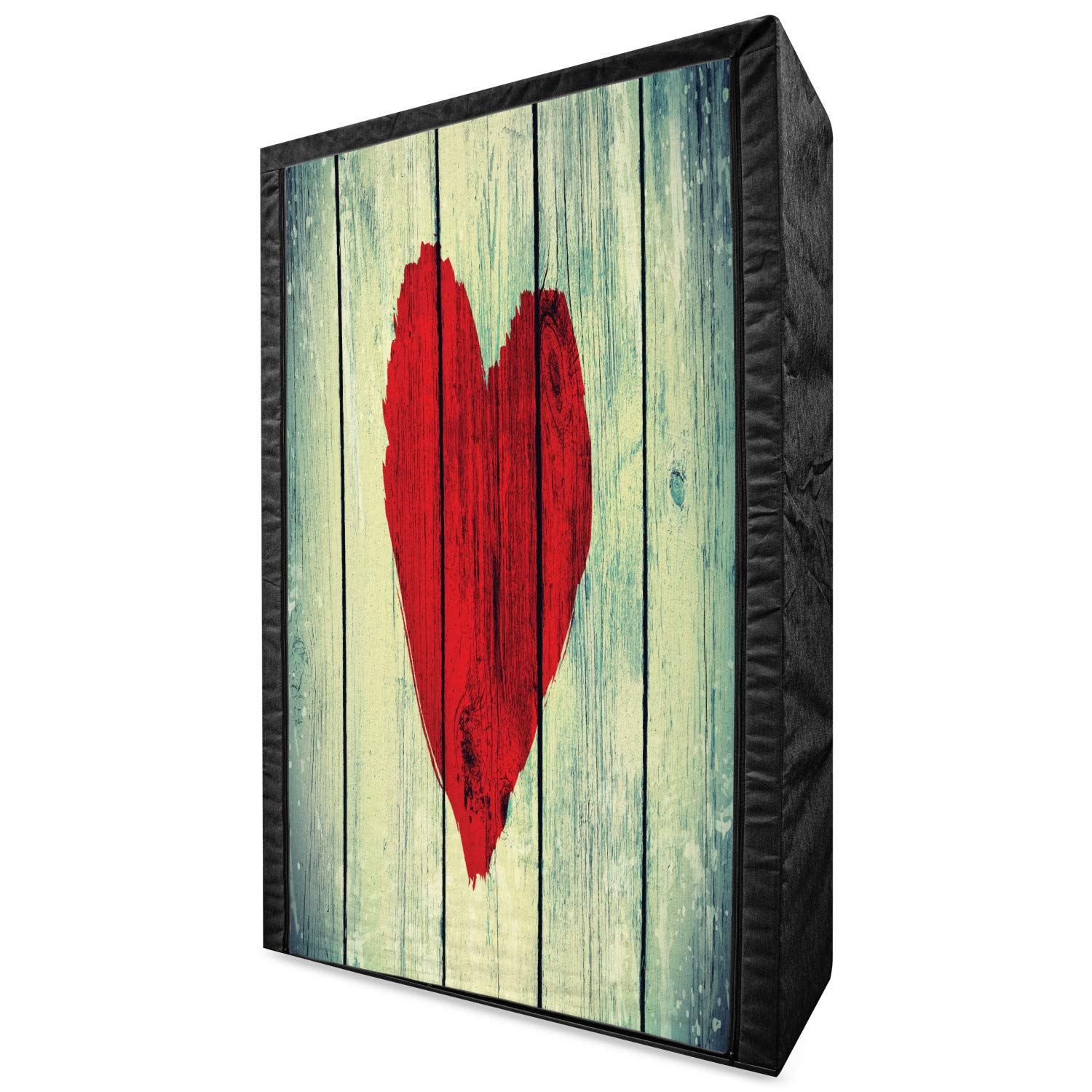 Ambesonne Love Themed Portable Fabric Wardrobe - Heart Print Rustic Wooden Design Clothing Organizer with Shelves, 42.5 Inch Storage Closet in Red & Pale Green - Perfect for Bedroom, Dorm, or Apartment Organization