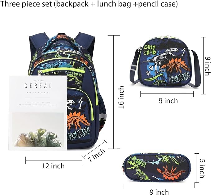 Dinosaur Backpack Set for Boys - 3Pcs with Lunch Box & Pencil Case | School & Travel