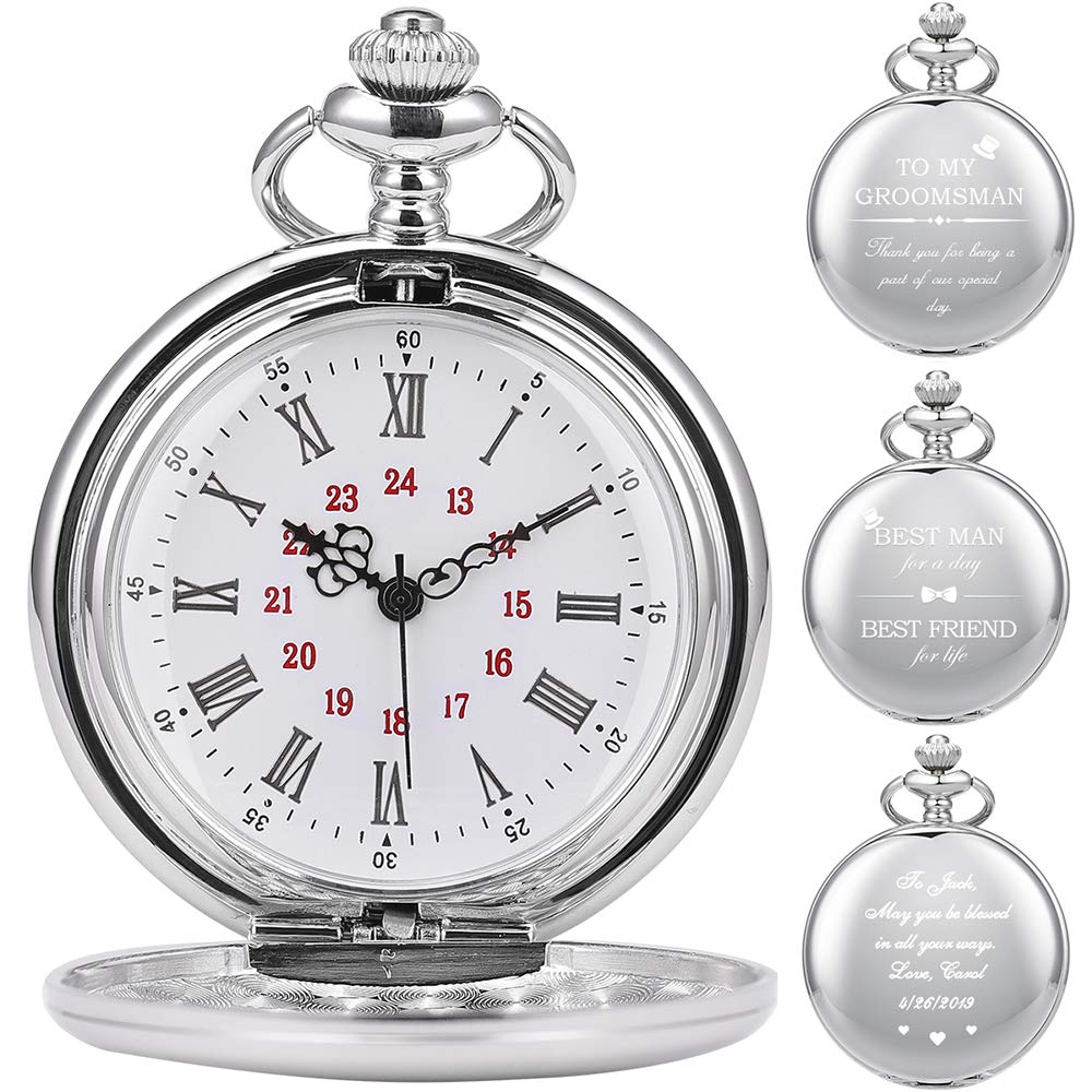 Personalized Engraved Pocket Watch for Men - Roman Numerals Silver Quartz - Perfect Gift for Dad, Husband, Father's Day, Christmas