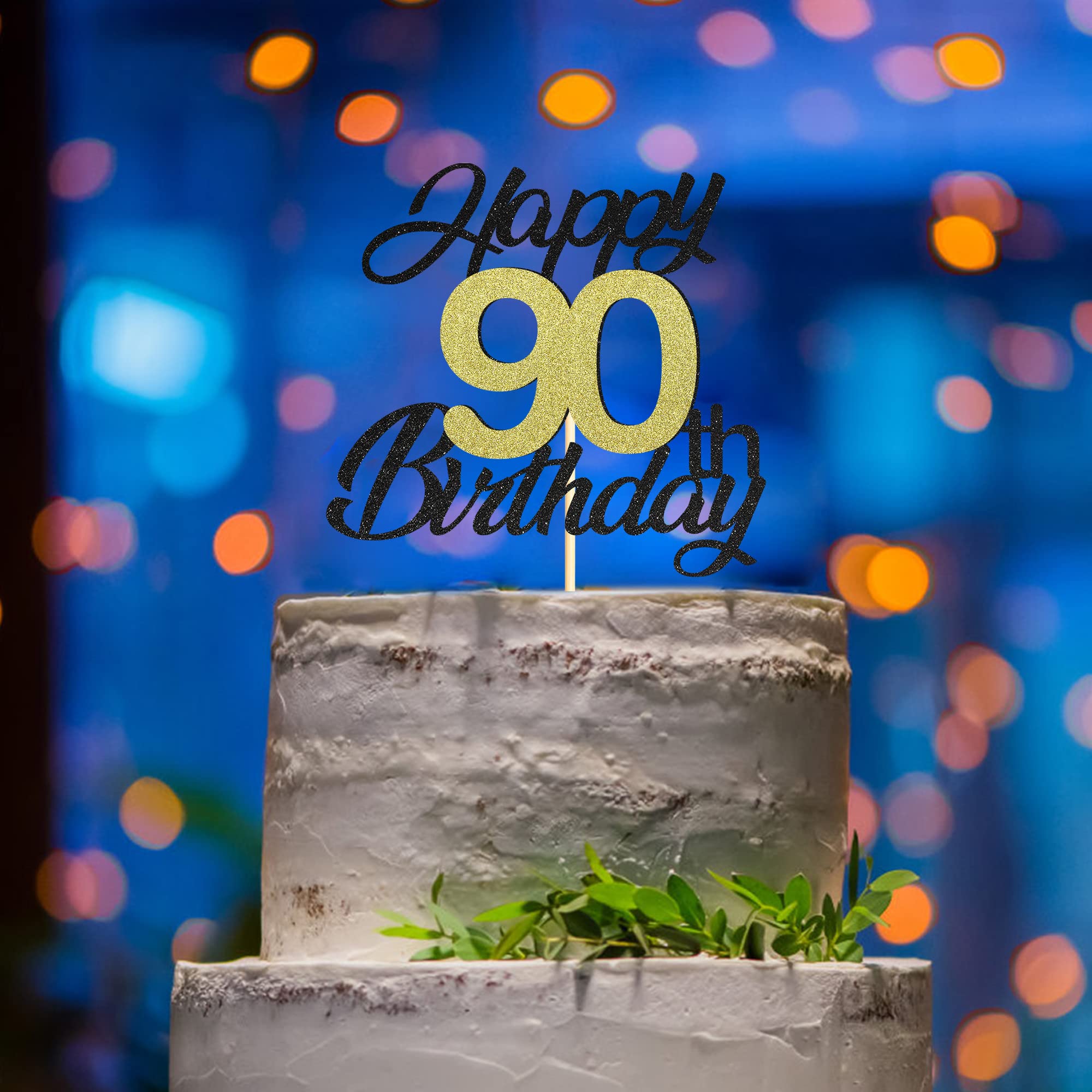 Elegant Black & Gold Glitter 90th Birthday Cake Topper - Happy 90th Birthday Cake Decorations for Women & Men - Perfect for Milestone Birthday Parties & Celebrations