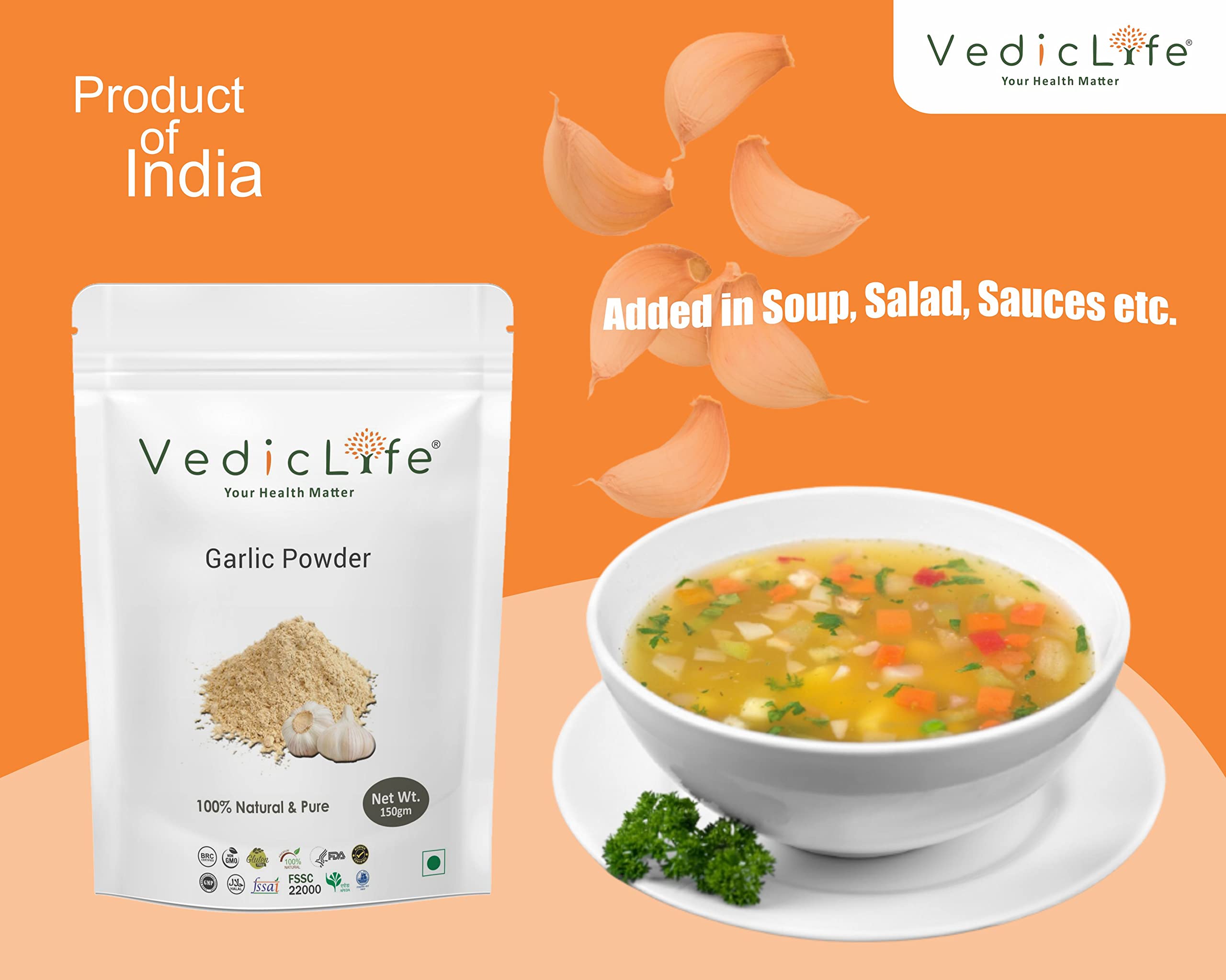 Organic Garlic Powder by Vediclife – 100% Pure, Flavorful Spice for Cooking, Heart Health & Immune Support (500g) | Perfect for Seasoning, Soups, Sauces & Homemade Remedies