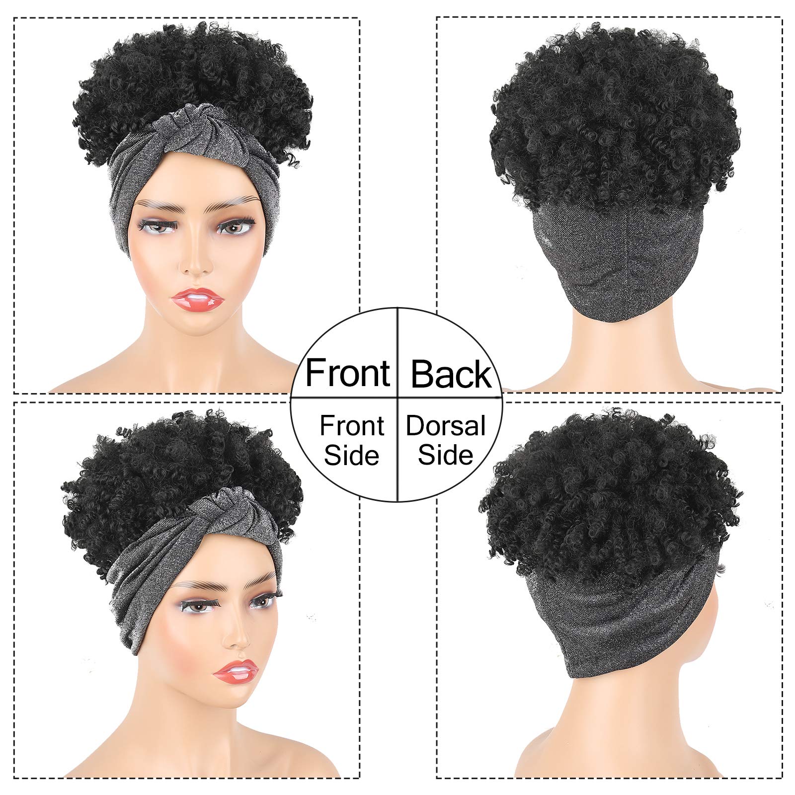 Short Kinky Curly Headband Wigs for Black Women - Natural Hair Half Wig with Attached Scarf | Perfect for Daily Wear, Cosplay & Protective Styling