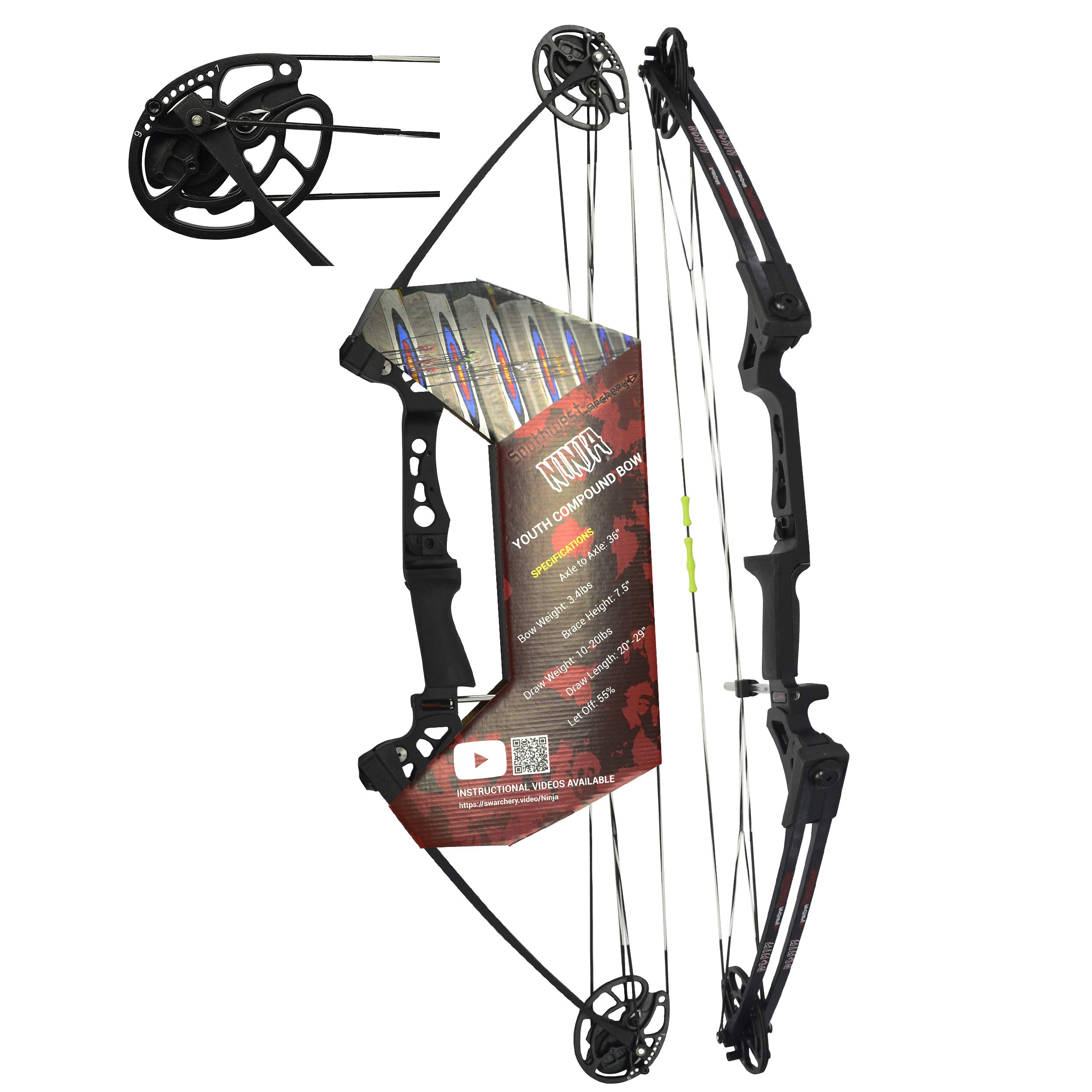Southwest Archery Ninja Kids Youth Compound Bow Kit - Adjustable 20-29 Draw, 10-20LB Pull, 55% Let Off - Pre-Installed Arrow Rest & Finger Saver String - Perfect for Beginners, Target Practice & Outdoor Archery Training