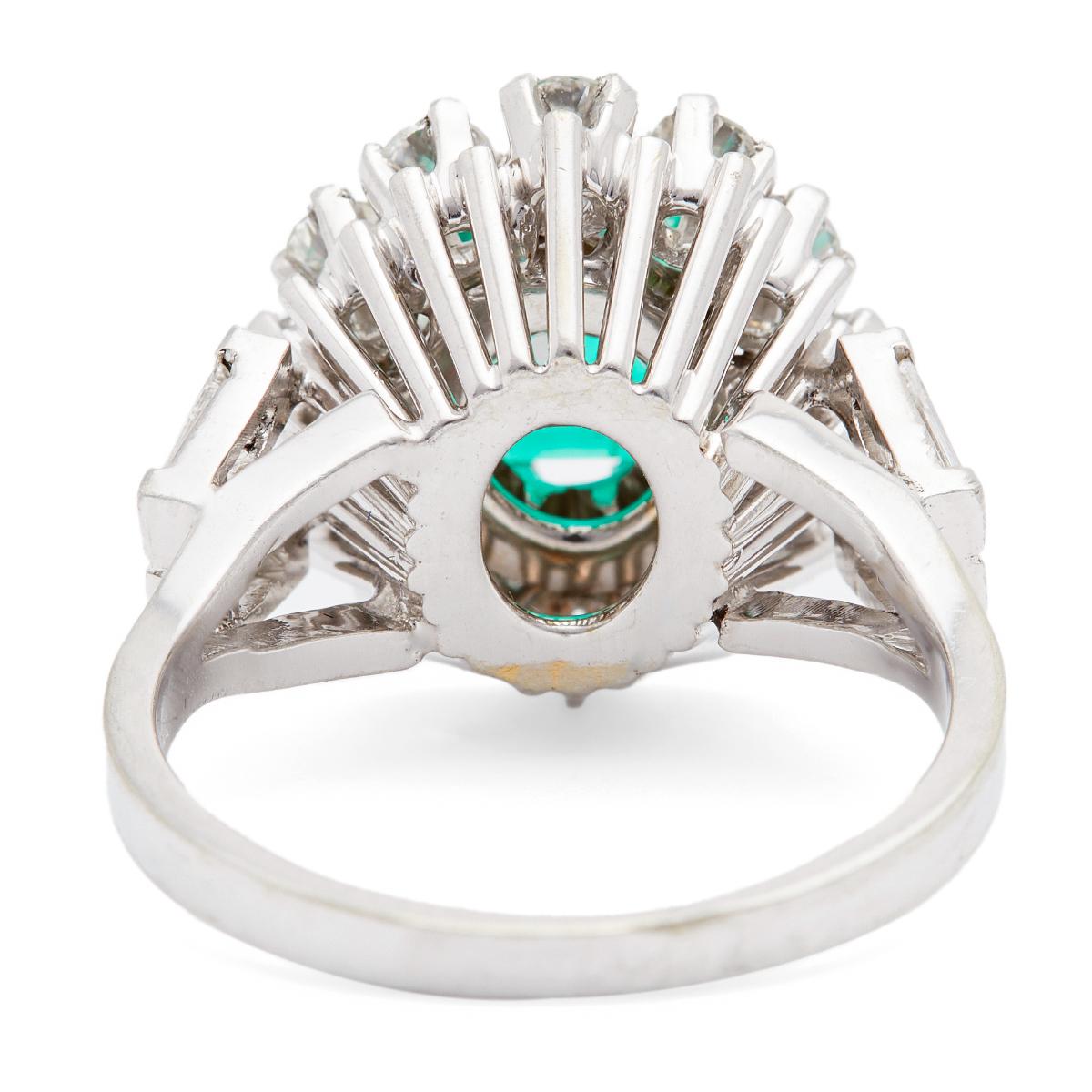 Vintage Mid Century French GIA Certified Colombian Emerald and Diamond 18k White Gold Cluster Ring - Perfect for Weddings, Anniversaries & Special Occasions