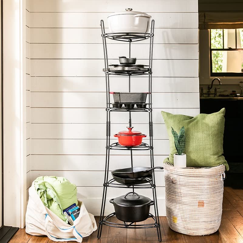 Lodge 6-Tier Cast Iron Cookware Storage Organizer Tower - Heavy Duty Steel Construction, Matte Black Finish, 32.67