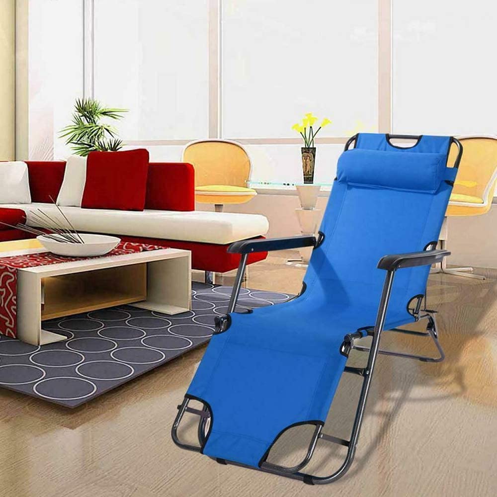 Portable Folding Beach Chair with Pillow - Adjustable Reclining Lounge Chair for Outdoor, Camping, Patio, Pool & Lawn - Lightweight & Comfortable for Sunbathing, Relaxing & Travel (Blue)