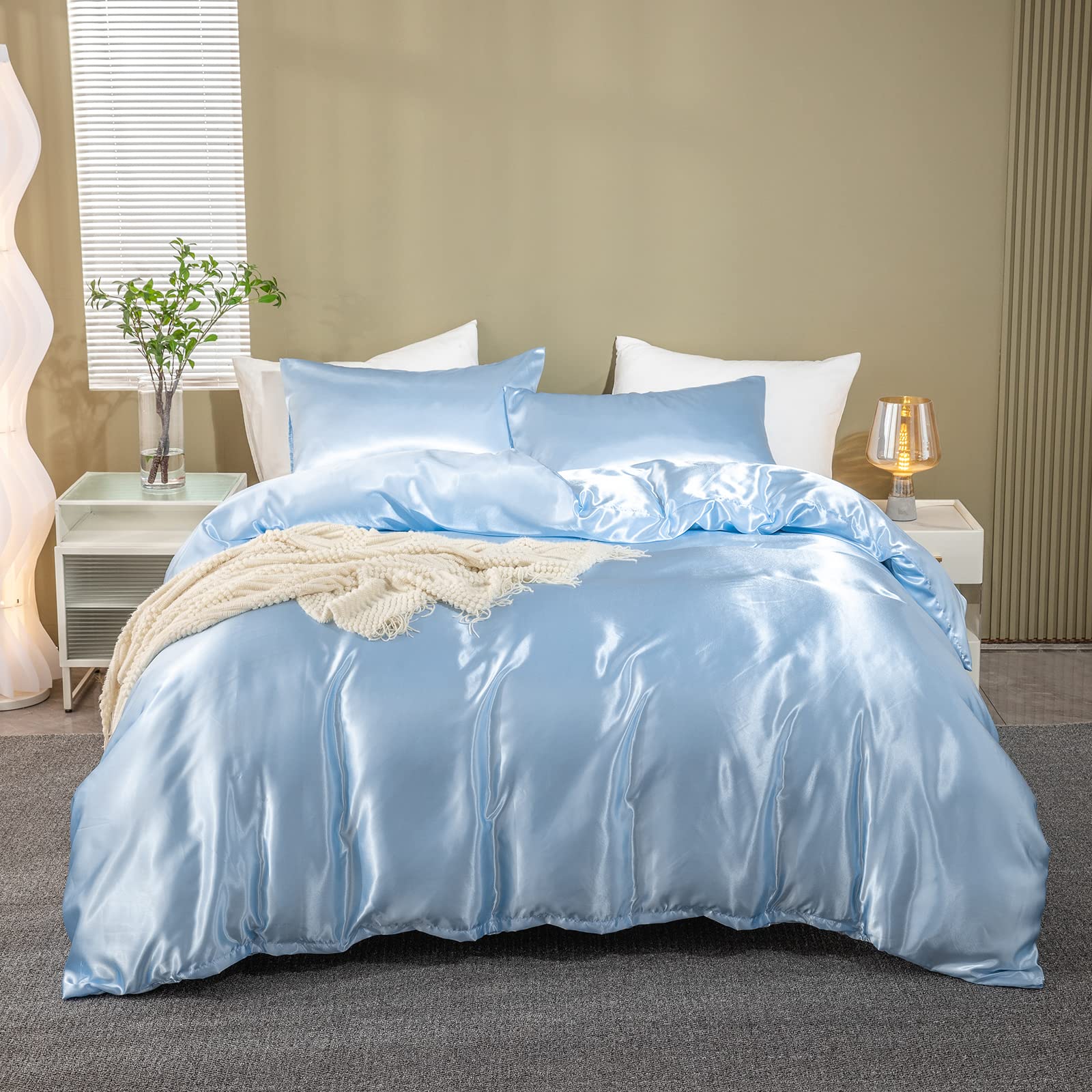 Luxury Satin Duvet Cover Queen Size - Silky Soft Blue Bedding Set with Zipper Closure - 3 Piece Comforter Cover Set (Queen, Blue) for Master Bedroom, Guest Room & Hotel Decor