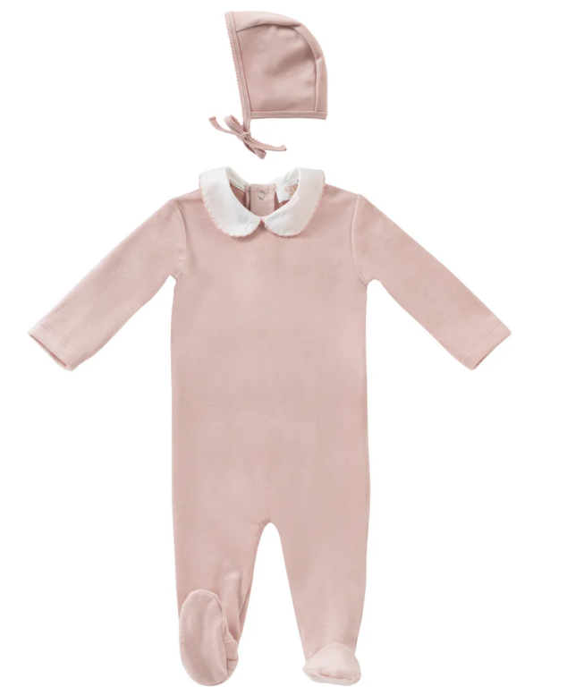 KIPP Scalloped Embroidered Stretchie with Bonnet for Newborn & 6 Months - Soft Baby Headband & Hat Set for Photography, Baptism, and Special Occasions