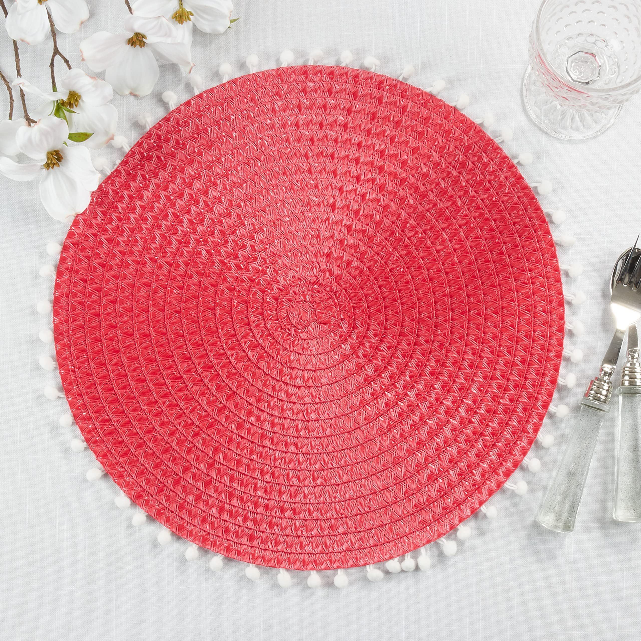 Stylish Pom Pom Design Placemats Set of 4 - Waterproof & Washable Round Table Mats for Dining, Kitchen, Party Decor (Beige)