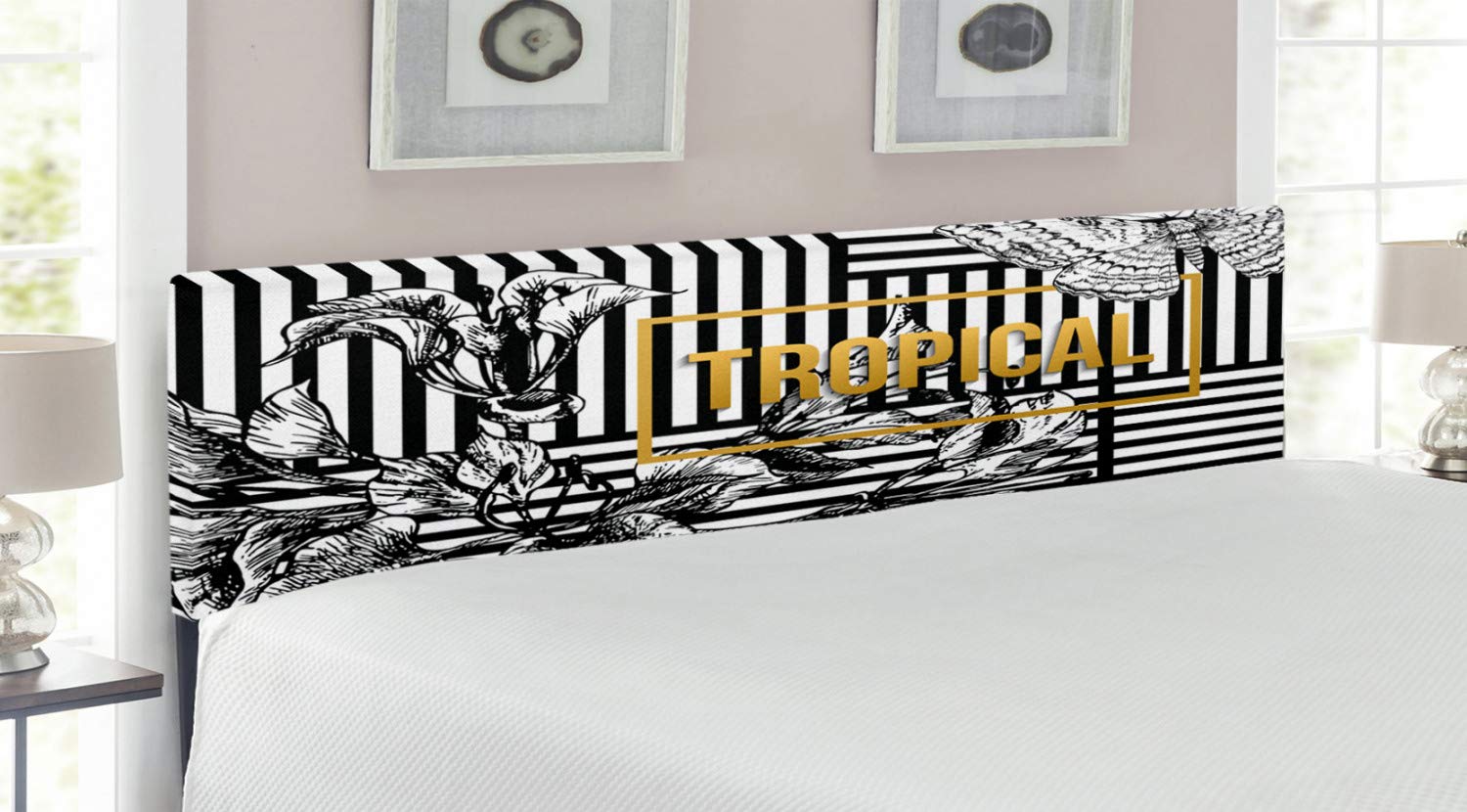 Ambesonne King Size Upholstered Headboard with Memory Foam - Exotic Flower & Tropical Butterfly Design on Minimalist Striped Background - Black White Pale Coffee - Perfect for Bedroom Decor & Modern Home Interiors