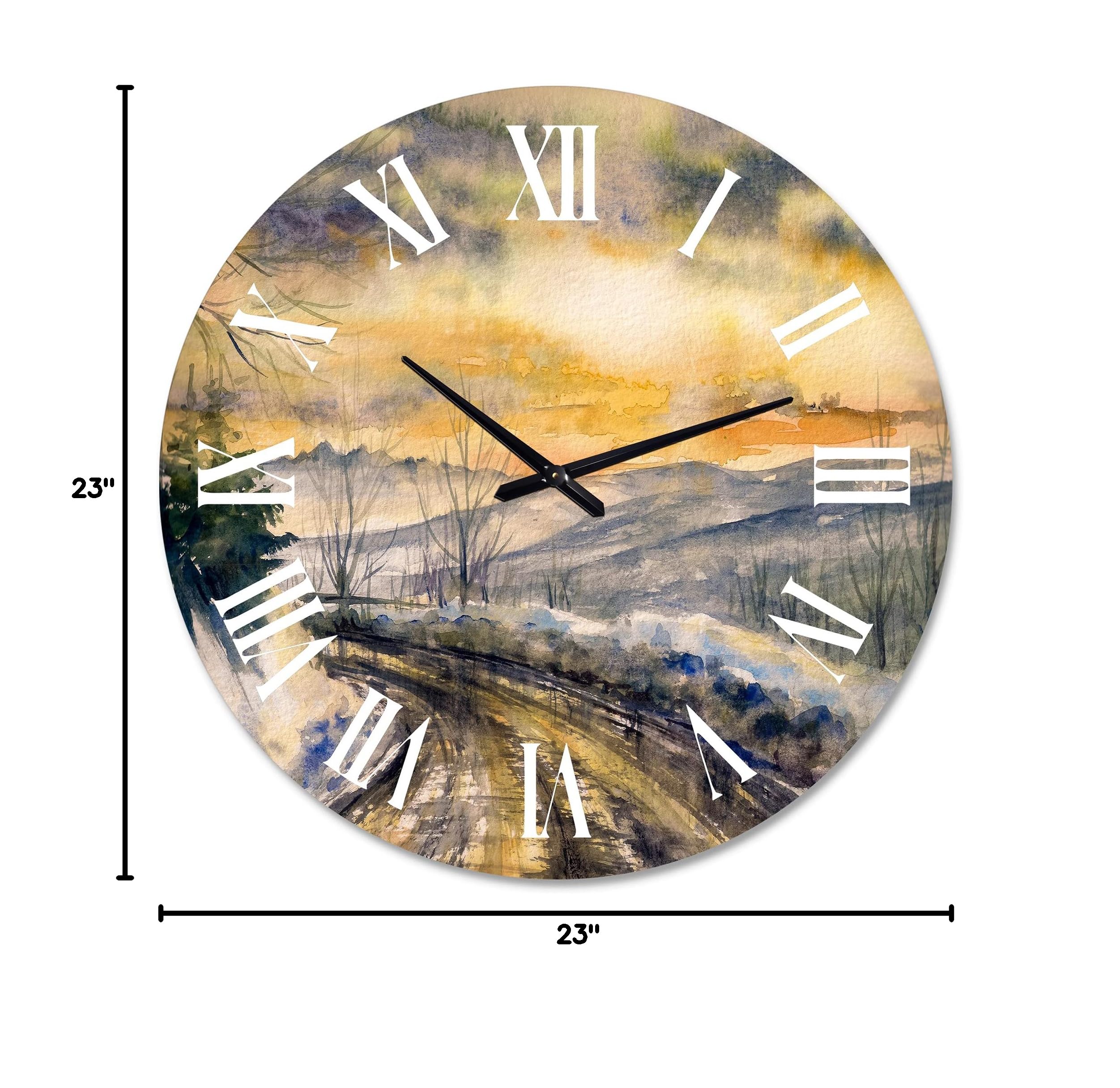 DesignQ Traditional Wall Clock - Winter Landscape with Road Under Bright Sunset - Large Decorative Clock for Kitchen, Living Room, Bedroom - Perfect for Home & Office Decor