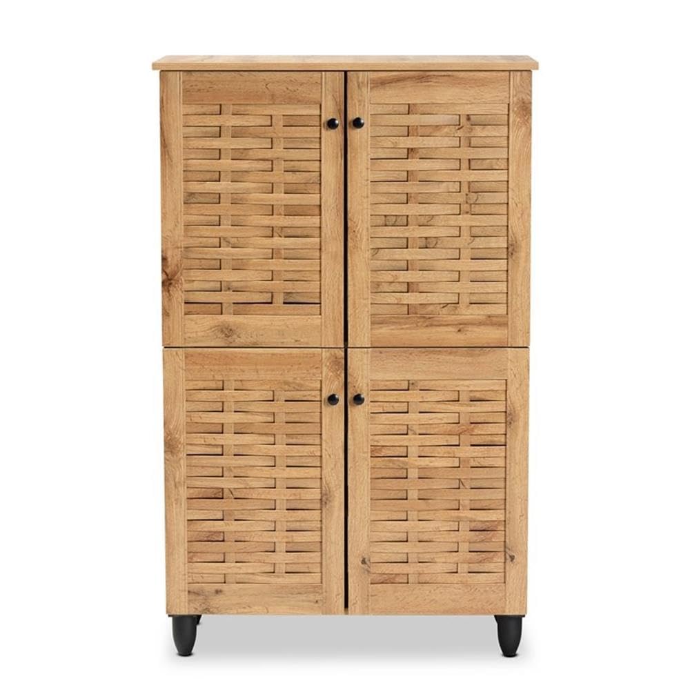 BOWERY HILL Modern Oak Brown Finished Wood 4-Door Shoe Storage Cabinet - Organize Shoes Neatly in Entryway, Closet or Bedroom