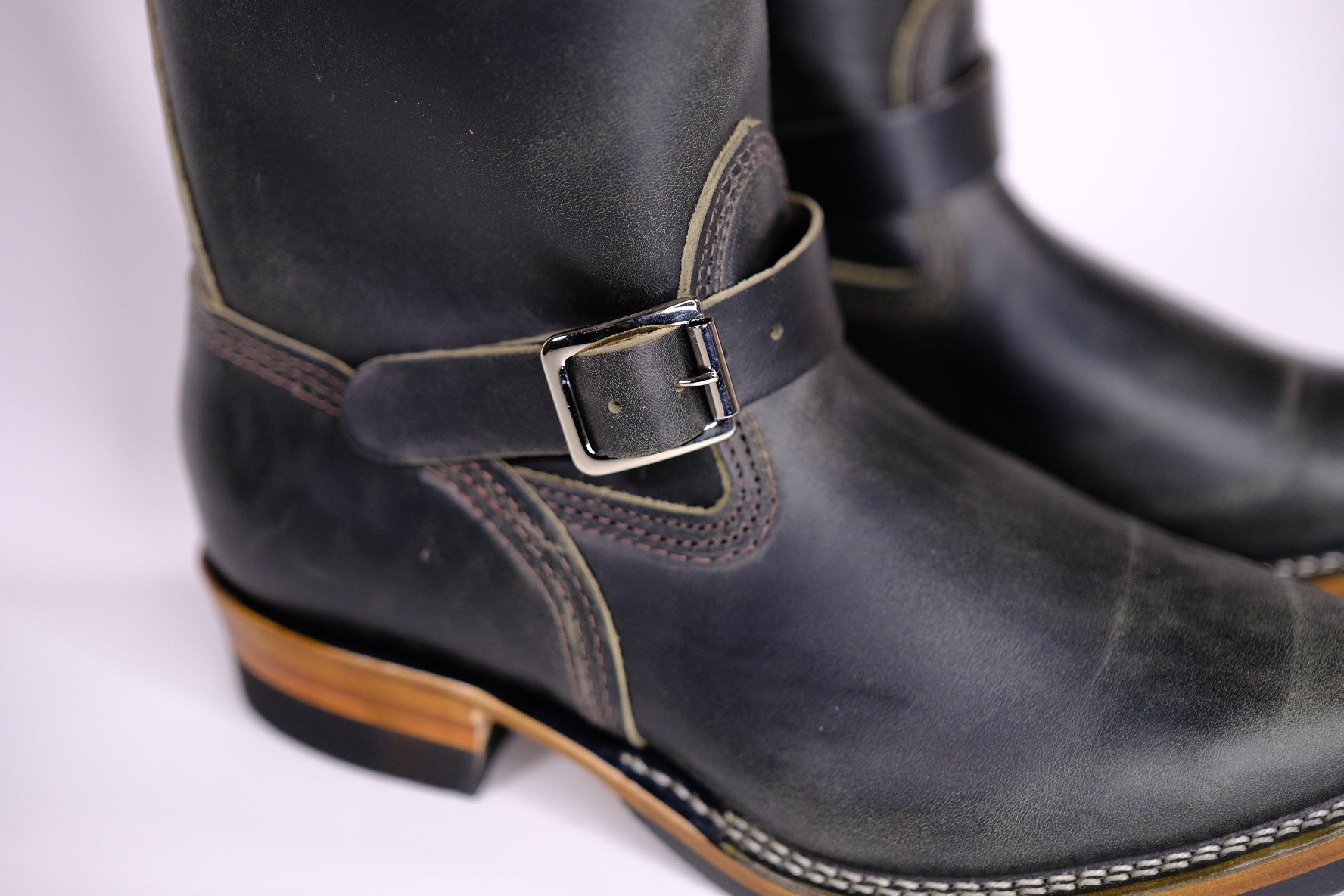 Premium Wesco Boots X The Shop Mister Lou - Petrolio Olive Waxed Black Horsehide Engineer Boots for Men | Durable Work & Motorcycle Riding Footwear