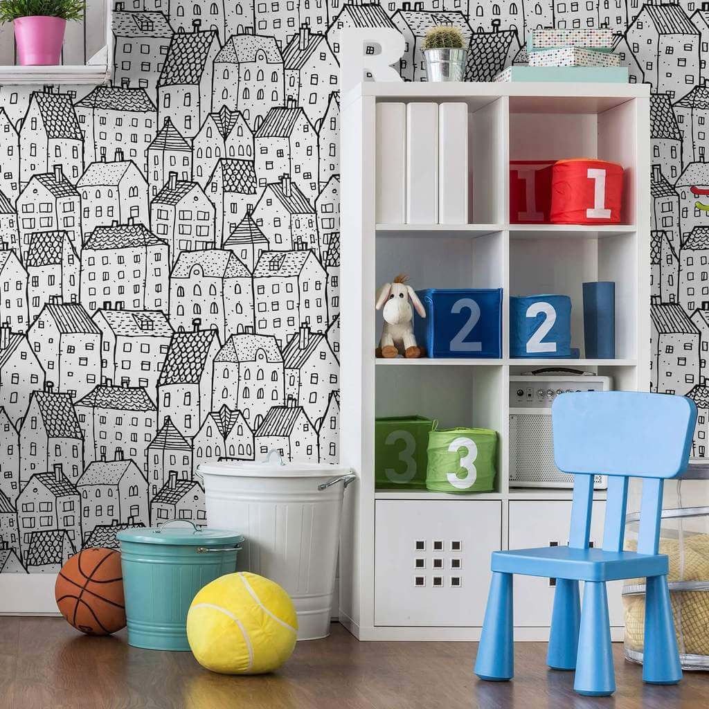 White City Themed Peel and Stick Removable Wallpaper 8163 - Self-Adhesive Decorative Wall Covering for Bedroom, Nursery & Home Office