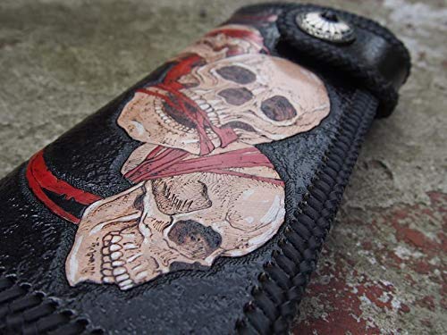 Handmade 3D Genuine Leather Biker Wallet - Custom Engraved Skull Design, Personalized Long Wallet for Men - Perfect for Motorcycle Riders, Gift Giving & Everyday Use