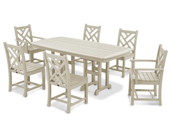 Polywood Chippendale 7-Piece Outdoor Dining Set - All-Weather Wicker Patio Furniture for Backyard, Poolside & Garden - Classic White Dining Table with 6 Chairs