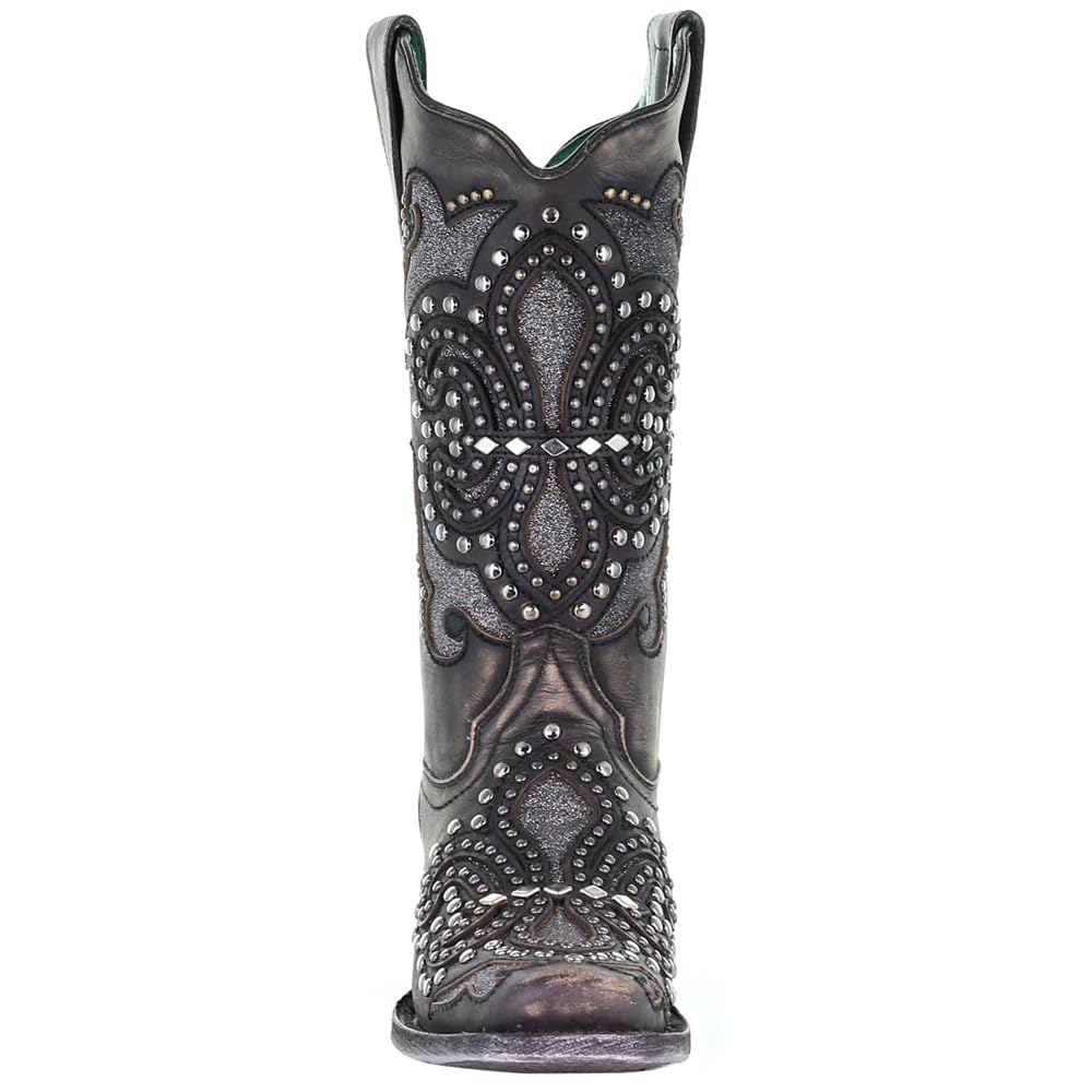 Women's Corral Glitter Studded Tooled Inlay Snip Toe Dress Boots - Mid Calf, Low Heel 1-2