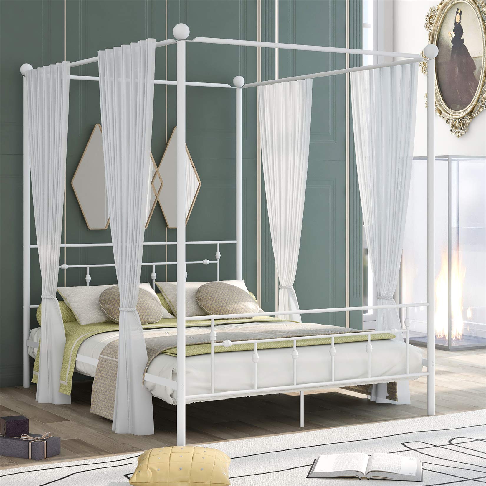 Queen Metal Canopy Bed Frame with Headboard & Footboard - Sturdy Platform Bed No Box Spring Needed - Elegant White Finish for Bedroom Decor