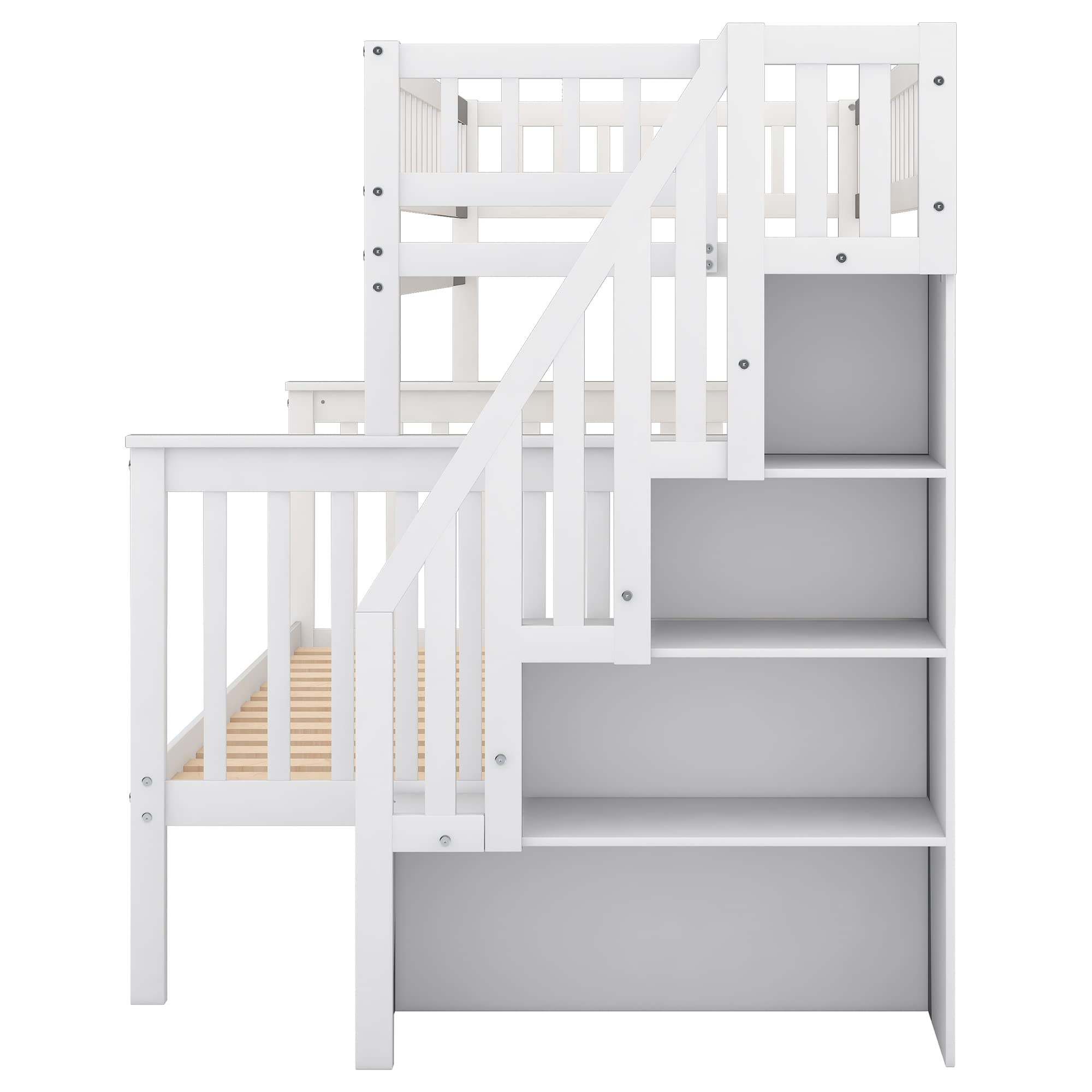 **Space-Saving Twin Over Full Bunk Bed with Stairs - Wooden Convertible Bunk Bed Frame with Storage & Safety Guard Rail - Splits into 2 Separate Beds (White) - Perfect for Kids' Rooms, Guest Rooms & Small Spaces**