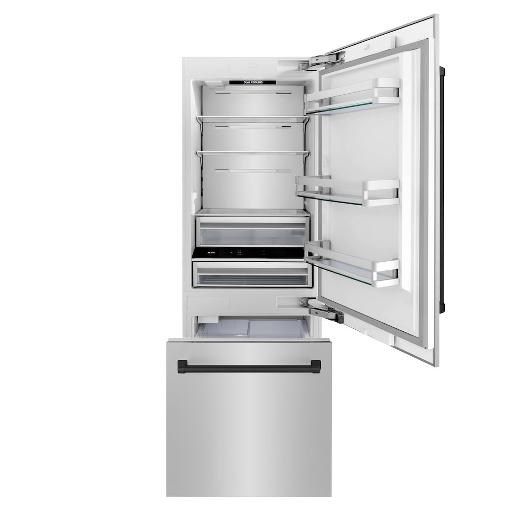 ZLINE Autograph Edition 30 Inch Built-In Bottom Freezer Refrigerator - 16.1 cu ft Stainless Steel with Matte Black Accents | Water Dispenser & Ice Maker | Perfect for Modern Kitchens & Open Concept Homes