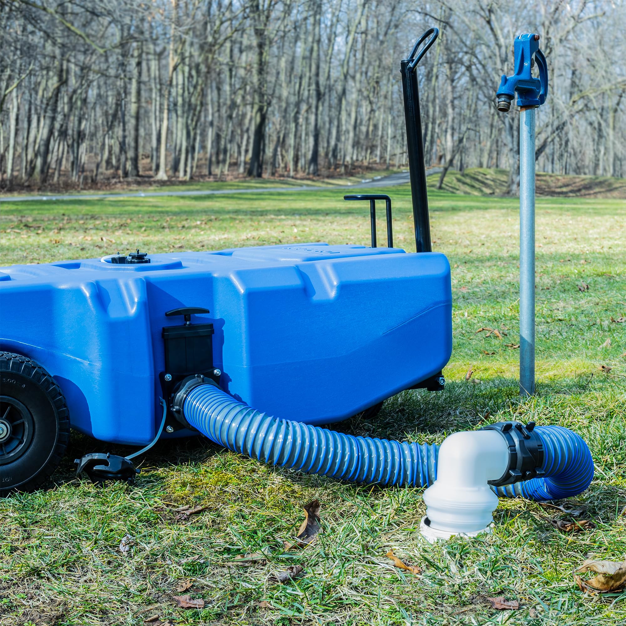 RecPro RV 36 Gallon Portable Waste Tank with Airless No-Flat Tires - Blue RV Waste Holding Tank with Capacity Indicator & Included Gloves - Perfect for Camping, RV Trips & Off-Grid Living