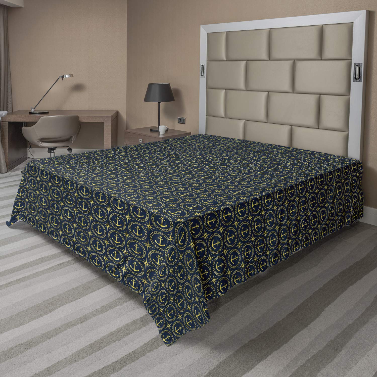 Ambesonne Queen Size Anchor Flat Sheet - Abstract Cruise Ship & Windrose Nautical Design, Soft Comfortable Top Sheet for Bedding (Indigo Yellow) | Perfect for Cruise Cabins, Beach Houses & Nautical Themed Bedrooms