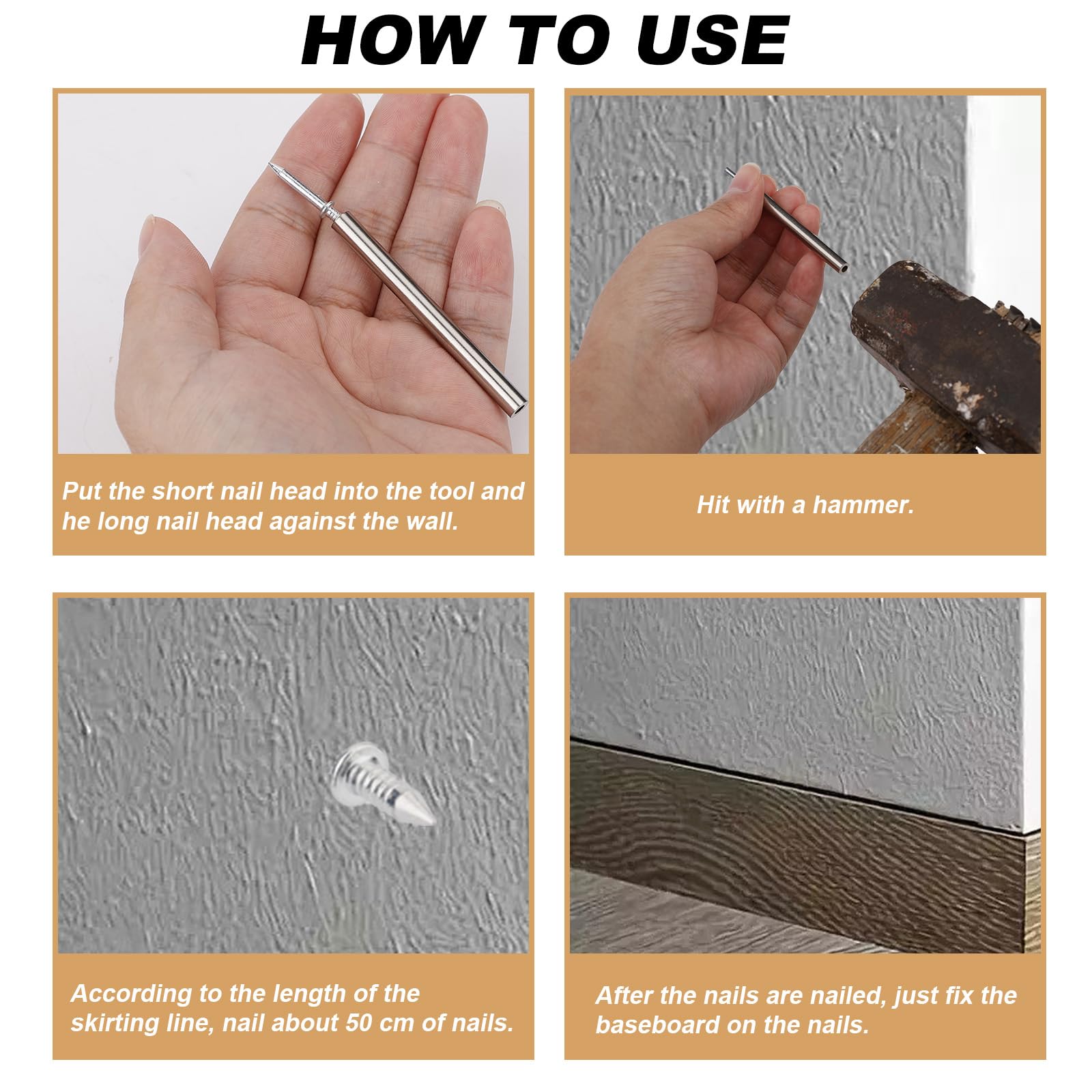 300pcs Seamless Invisible Nails with Sleeve Tool - Double Headed Screws for Baseboard & Skirting Board Installation - No Marks Hidden Fasteners for Solid Wood Furniture & Wall Paneling - Perfect for DIY Home Improvement Projects