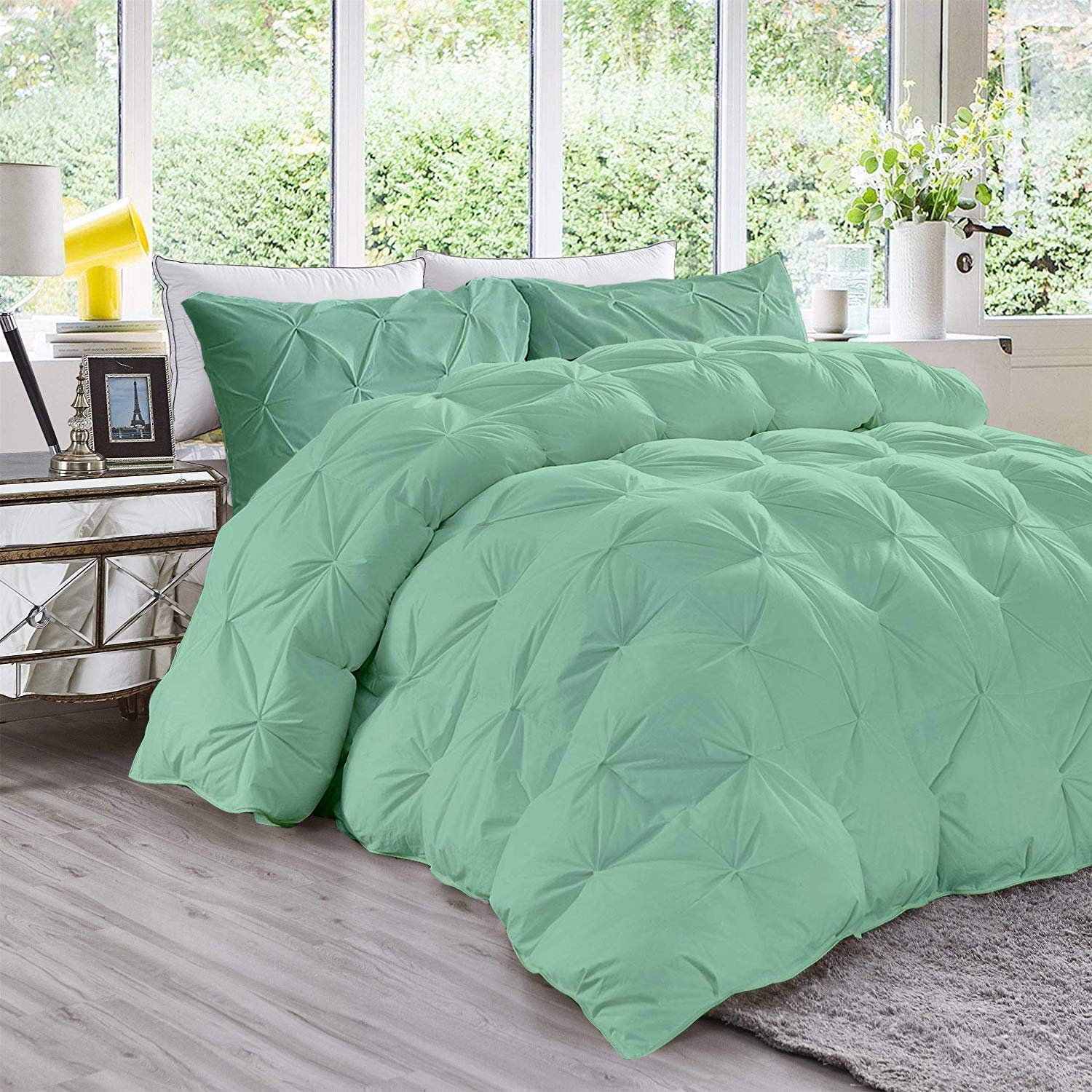 600 GSM All-Season 3-Piece Quilted Pinch Pleated Comforter Set - 100% Cotton Fluffy Duvet Insert with 2 Pillow Cases (Oversized Queen, Aqua Blue) | Ultra Soft Bedding for Cozy Winter Nights & Elegant Bedroom Decor