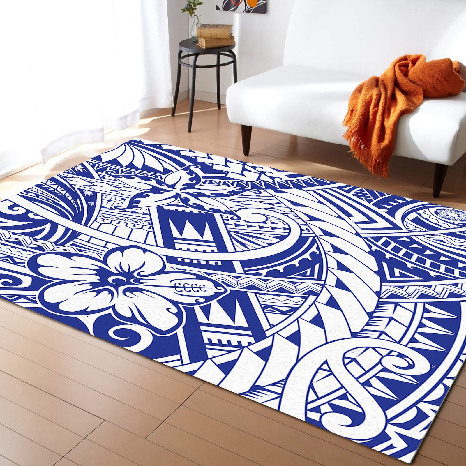 LBDecor 5x7ft Large Non-Slip Area Rug - Polynesian Abstract Art Design in Blue & White Floral - Perfect for Living Room, Bedroom, Hallway, Nursery - Indoor/Outdoor Decor Rug for Home & Office Spaces