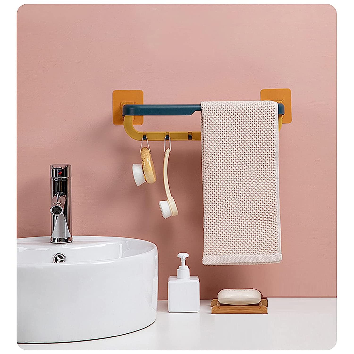 Wall Mounted Double Bar Towel Holder with Hooks - Adjustable Multifunctional Towel Rack for Kitchen & Bathroom - Folding Towel Shelf for Space Saving Storage & Organization