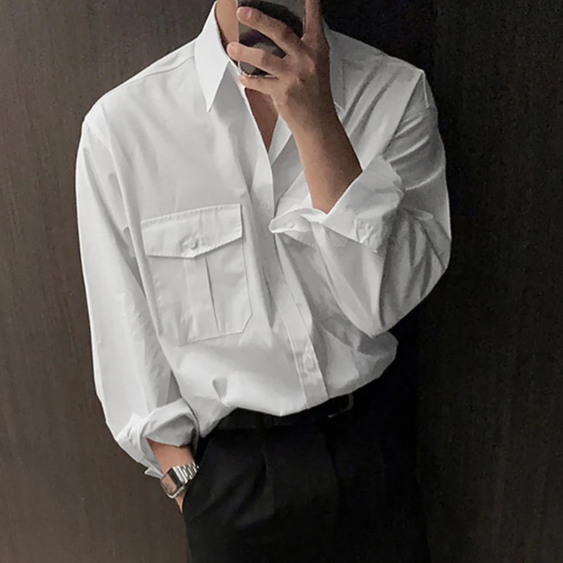 Men's Casual Long Sleeve Shirt - Big Pocket Design, Turn Down Collar, Single Breasted Solid Color Tops for Work & Everyday Wear | Style 9W1224