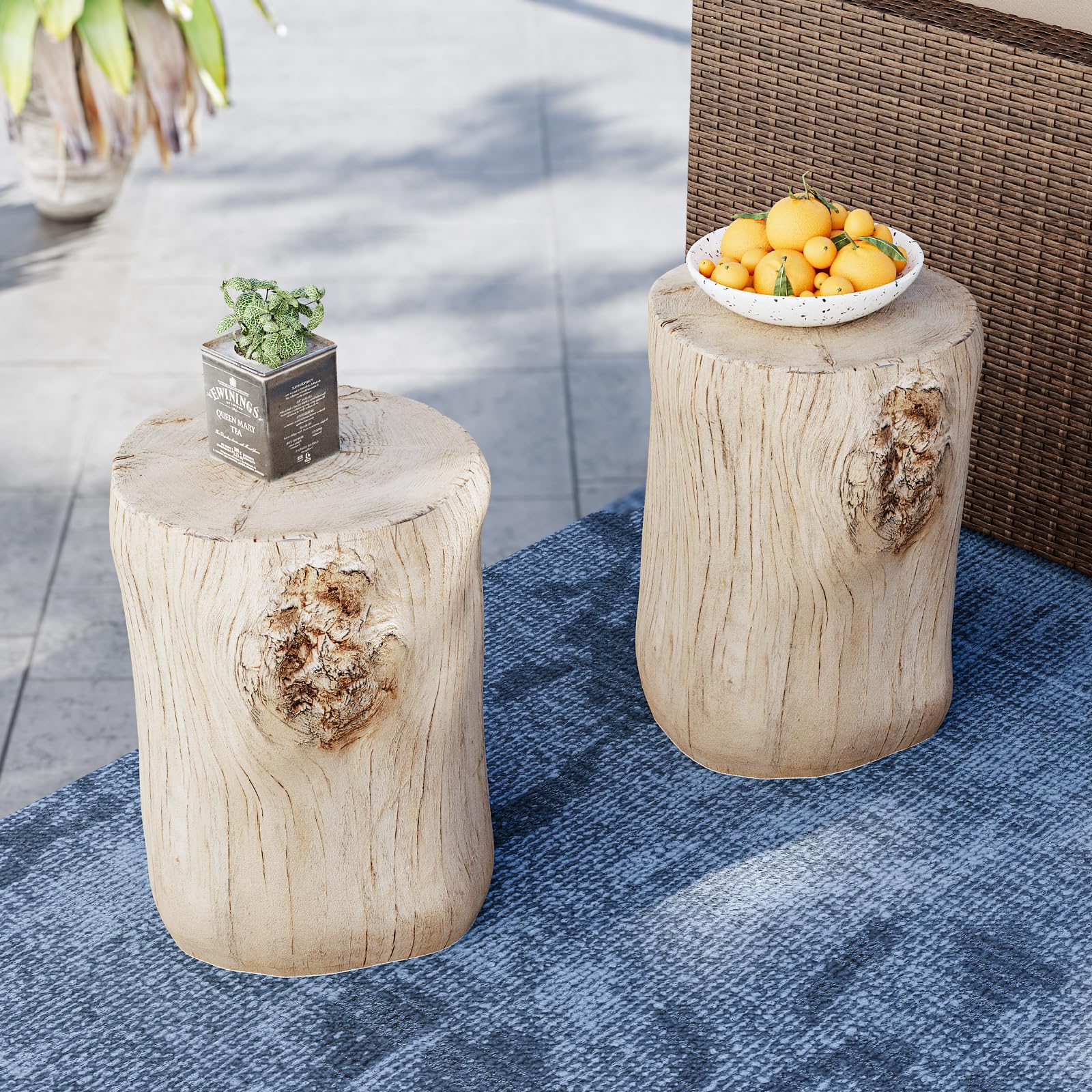 SUNBURY Concrete Stump Side Table - Faux Wooden End Table for Patio, Garden, Living Room - Beige Stool Plant Stand Holder | Perfect for Outdoor Decor, Coffee Table Accent & Home Interior Design