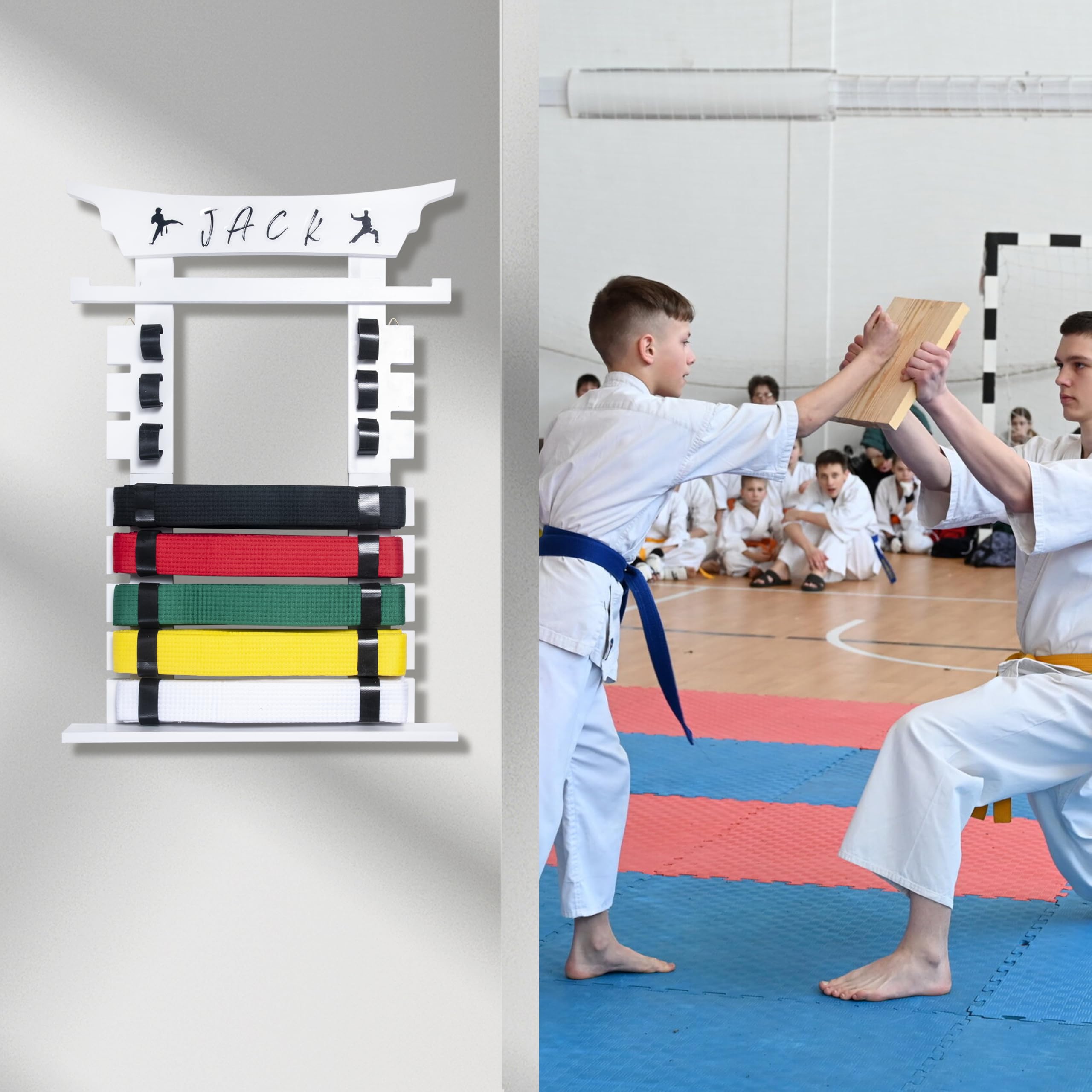 Black Wall Mounted Karate Belt Display Rack with Medal Hanger & Stickers - 8 Belt Taekwondo Holder for Kids & Adults - Perfect for Dojo, Gym & Home Martial Arts Decor