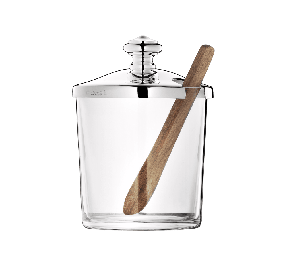 Christofle Albi Mustard & Jam Pot with Lid & Spoon - Elegant Silver Plated Condiment Jar for Gourmet Kitchen, Dining Table & Gift Giving