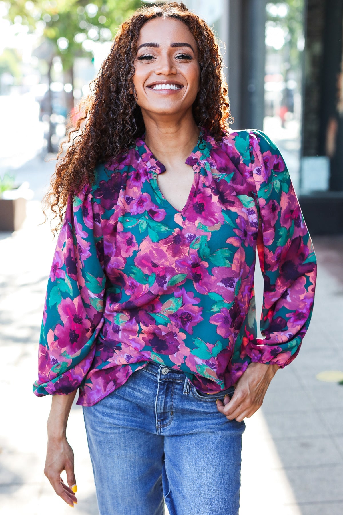 Stylish Hunter Green Watercolor Floral Print Notch Neck Blouse - Elegant Women's Tops for Casual Wear, Office Outfits & Spring Fashion