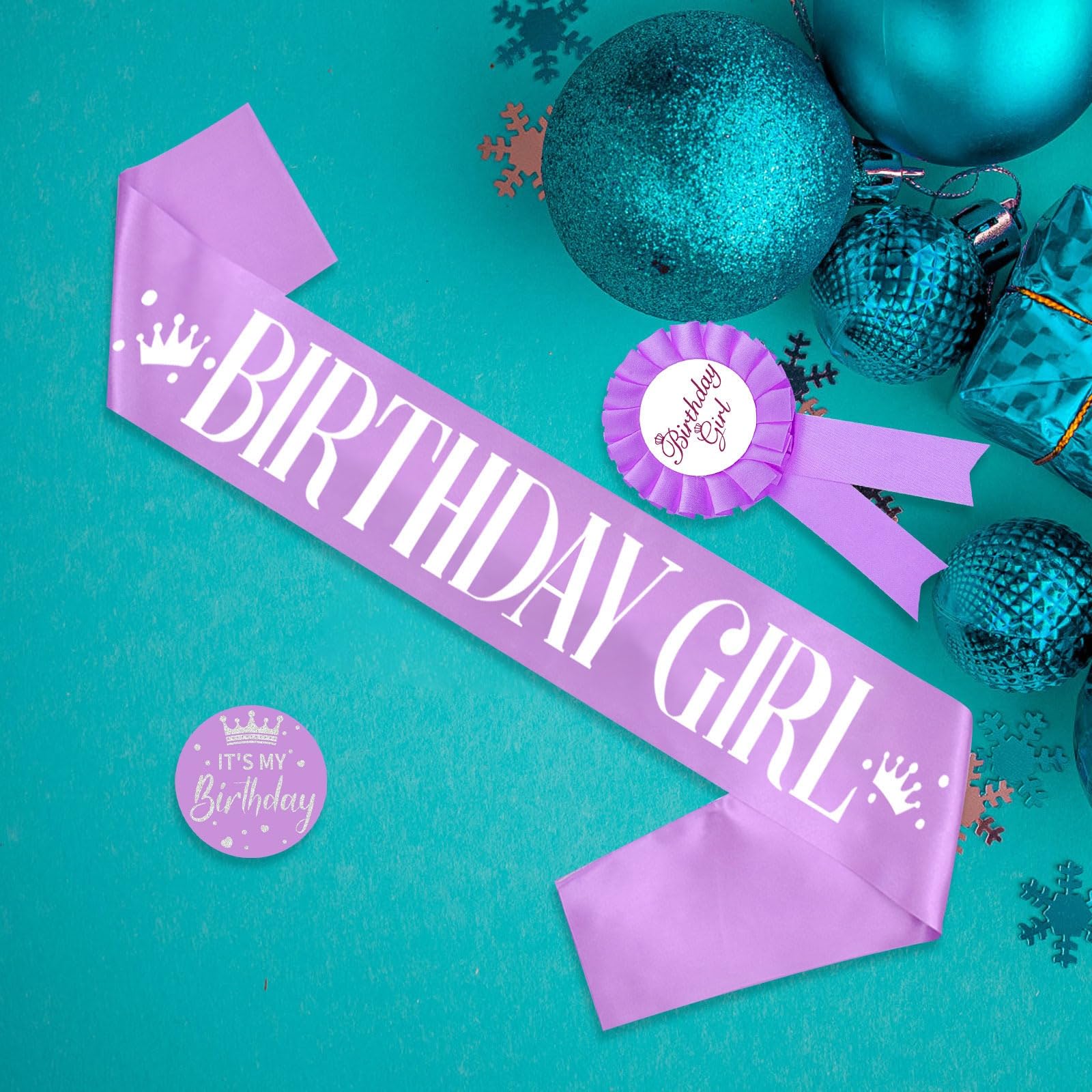 Purple Birthday Sash and Pin Button Set (3 Pieces) - Elegant Birthday Decorations for Women & Girls - Perfect for Birthday Parties, Quinceañeras, Bachelorette Celebrations and Special Occasions