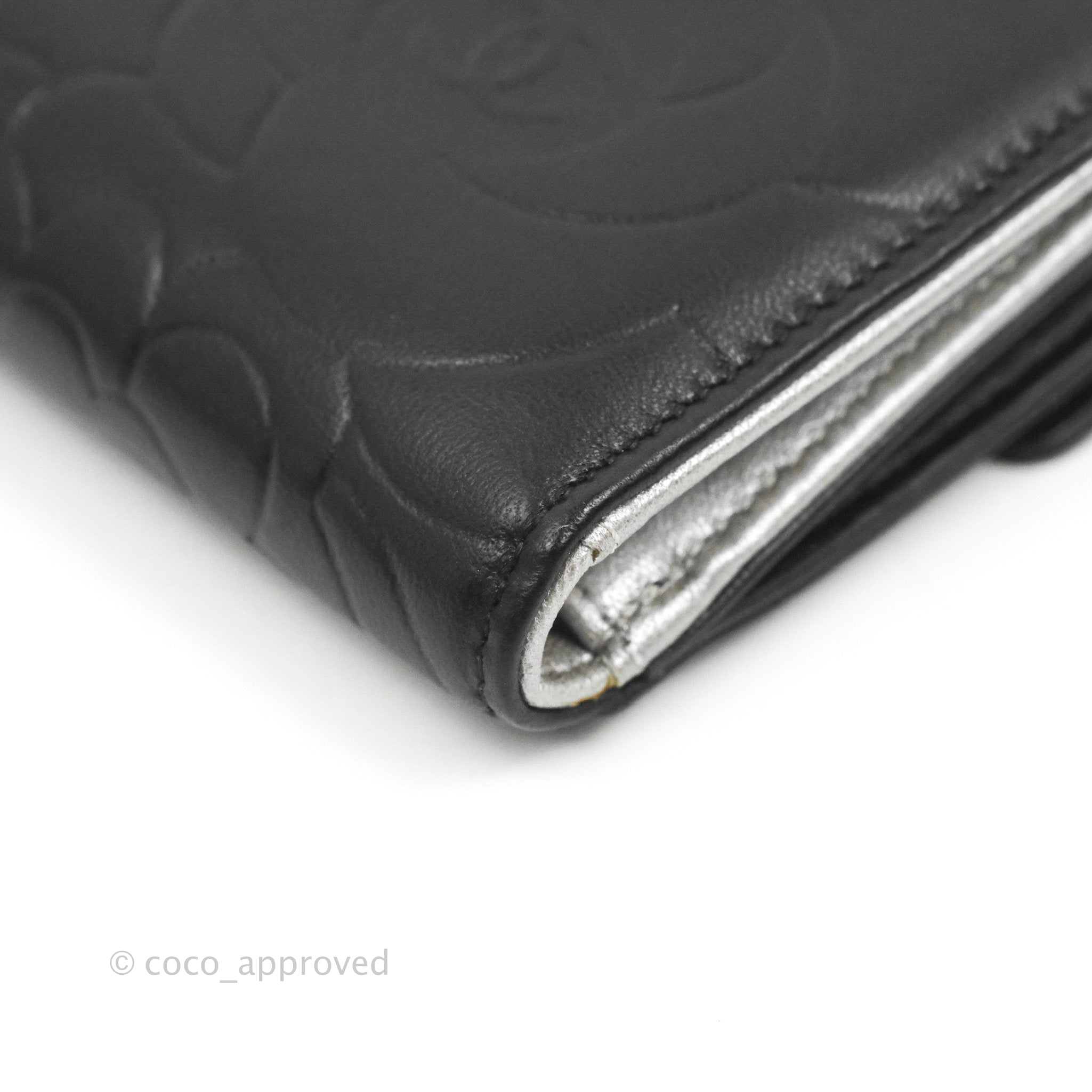 Chanel Camellia Embossed Tri-Fold Short Wallet in Black Lambskin with Silver Hardware - Luxury Compact Wallet for Everyday Use & Special Occasions