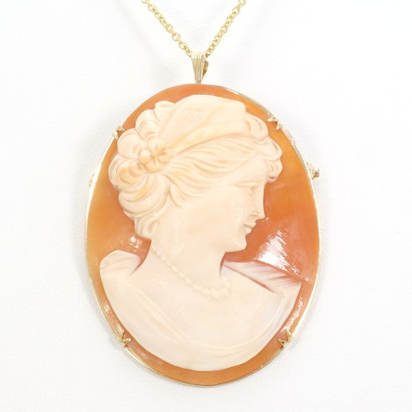18K Yellow Gold Shell Cameo Pendant Necklace & Brooch Set - Vintage Two-Way Jewelry for Women, Perfect for Weddings, Parties & Special Occasions