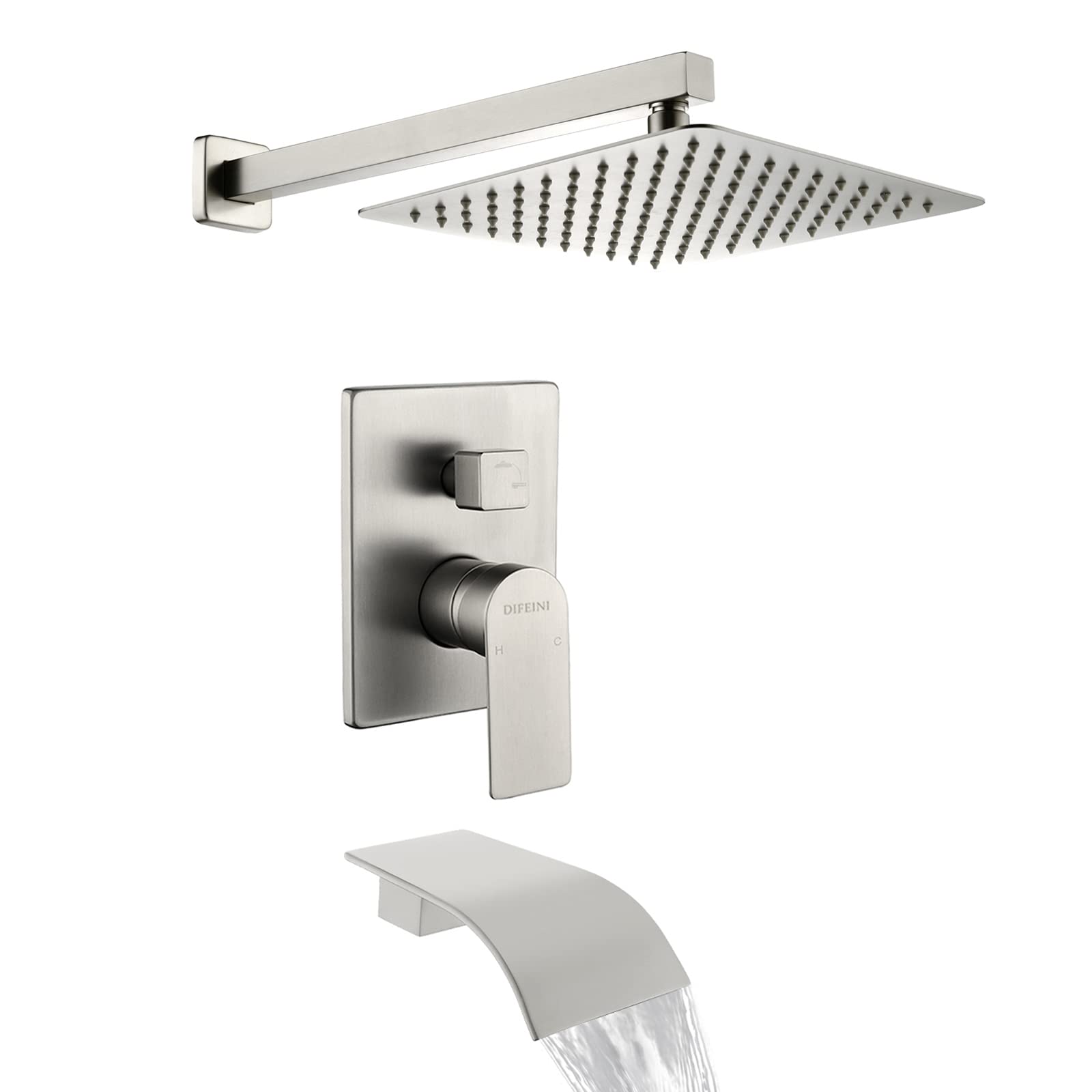 Premium All-Metal Shower System with Waterfall Tub Spout - Brushed Nickel Wall-Mounted Tub & Shower Faucet Trim Kit (33012BN) - Perfect for Modern Bathroom Renovations & Spa-Like Shower Experiences