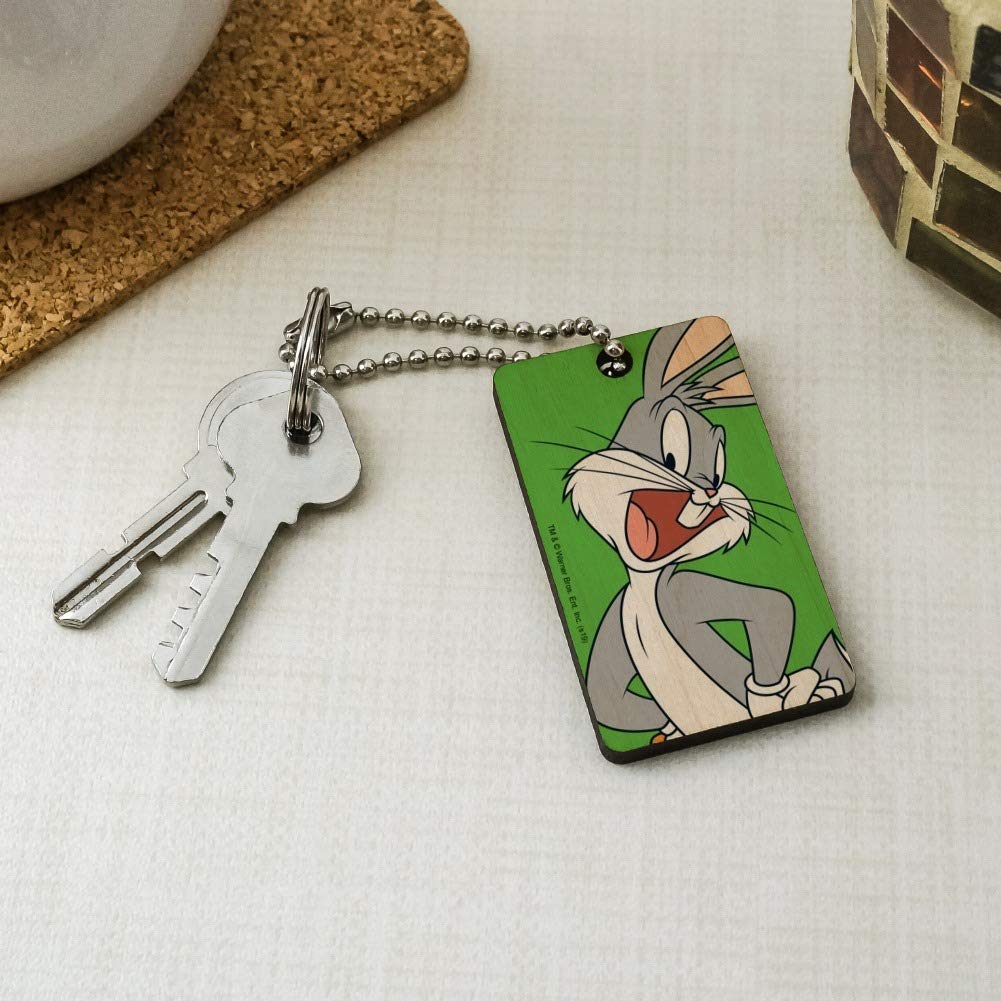 Looney Tunes Bugs Bunny Wooden Rectangle Keychain - Durable Wood Key Ring with Classic Cartoon Design - Perfect Gift for Fans & Collectors | Home, Office, Car Keys Accessory