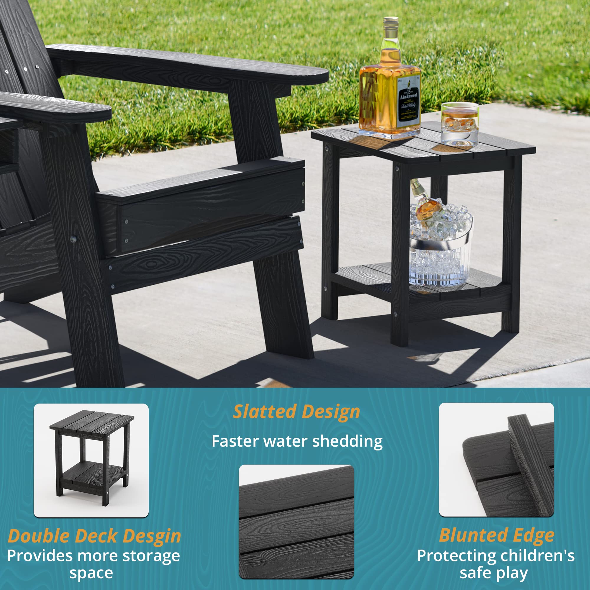 LUE BONA 2-Tier Black Adirondack Outdoor Side Table - Weather-Resistant HDPS Patio End Table for Garden, Pool, Porch & Deck - Perfect for Drinks, Books & Outdoor Relaxation