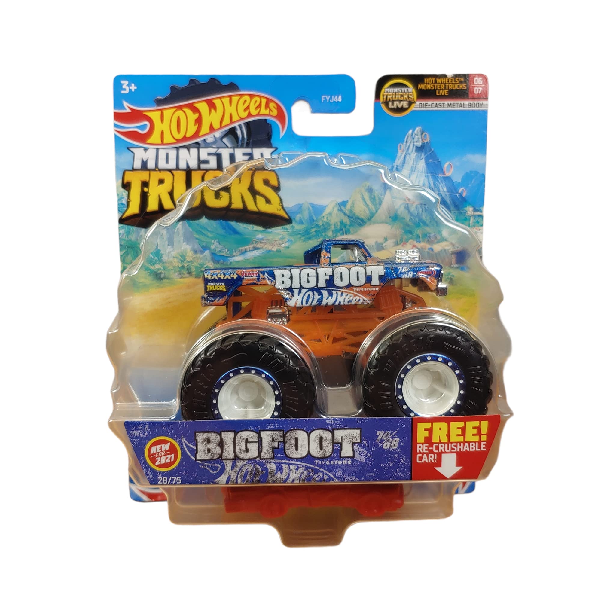 Hot Wheels Monster Trucks 2021 #28/75 Live Series #6/7 Bigfoot with Re-Crushable Car - Collectible Die-Cast Toy for Kids & Adults - Perfect for Playtime, Display & Monster Truck Shows