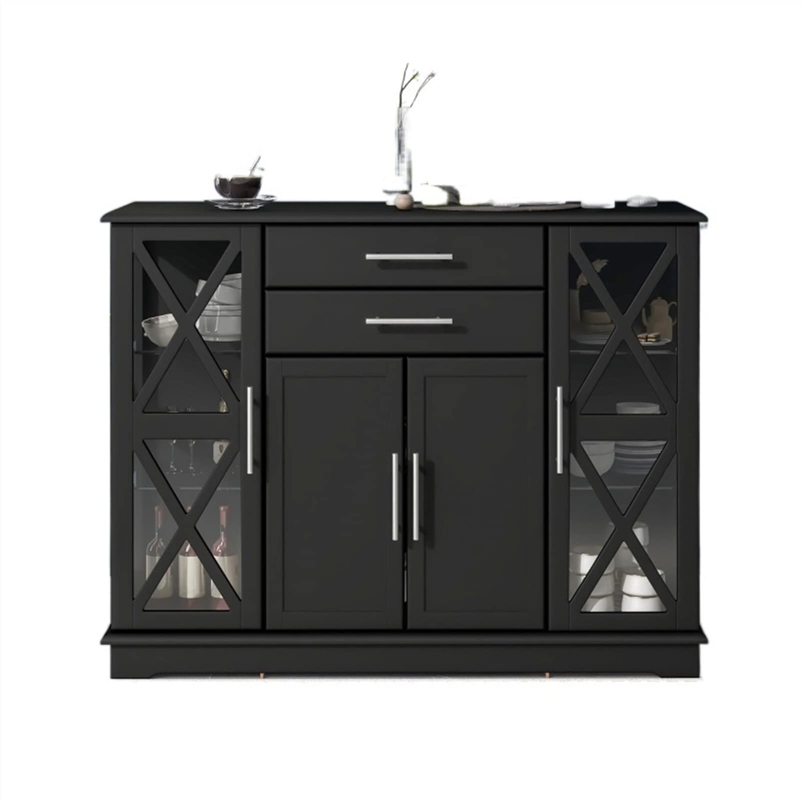 TOMYEUS Modern Buffet Sideboard Cabinet with Tempered Glass - Adjustable Shelves, Large Storage Space for Restaurant, Dining Room & Home Pantry - Black Contemporary Kitchen Storage Furniture for Serving & Organization
