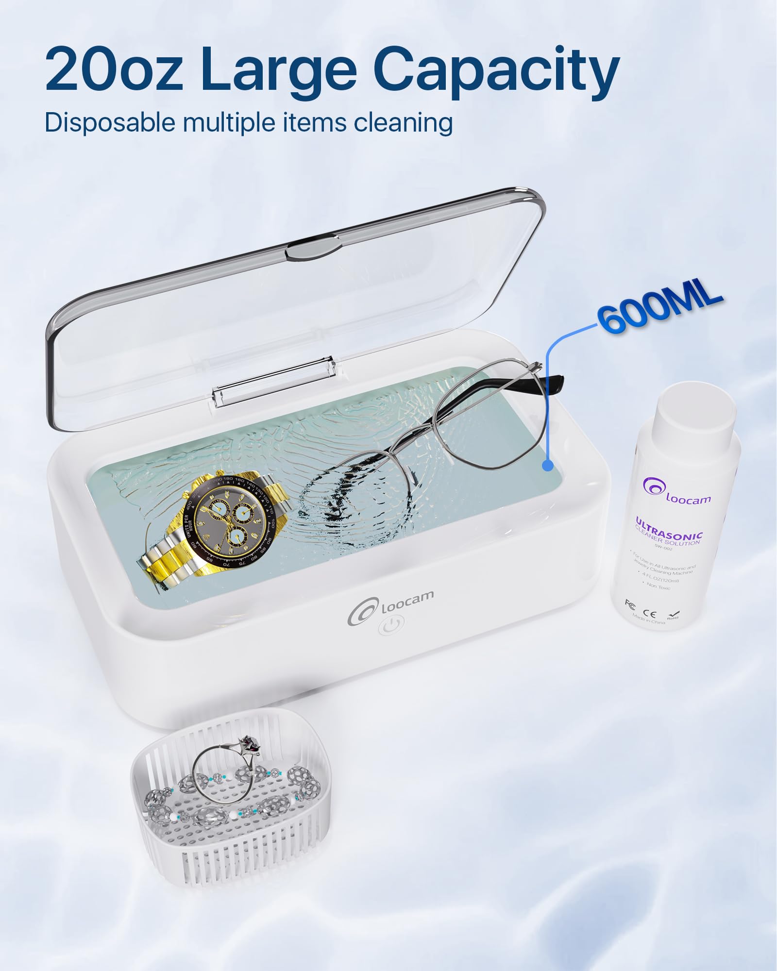 Professional Ultrasonic Jewelry Cleaner Machine with 120ml Cleaning Solution - 600ml/20oz Stainless Steel Tank, 46kHz Frequency for Jewelry, Rings, Watches & Eyeglasses - Perfect for Home, Jewelry Stores & Spa Cleaning Services