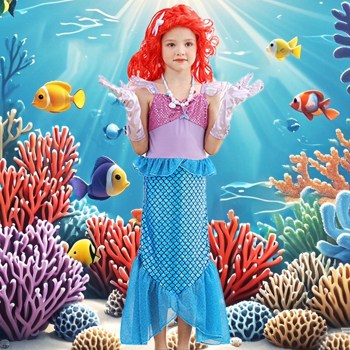 **Ariel Mermaid Costume for Girls - Princess Dress Up Set with Accessories & Wig - Perfect for Birthday Parties, Halloween, Cosplay & Underwater Themed Events**